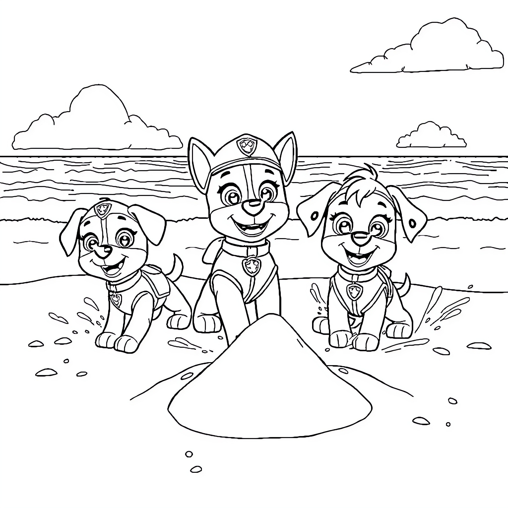 Paw Patrol puppies playing at the beach Coloring Page (free black-and-white line drawing printable PDF for all, from beginners to advanced learners, including children, teens, adults, and seniors)