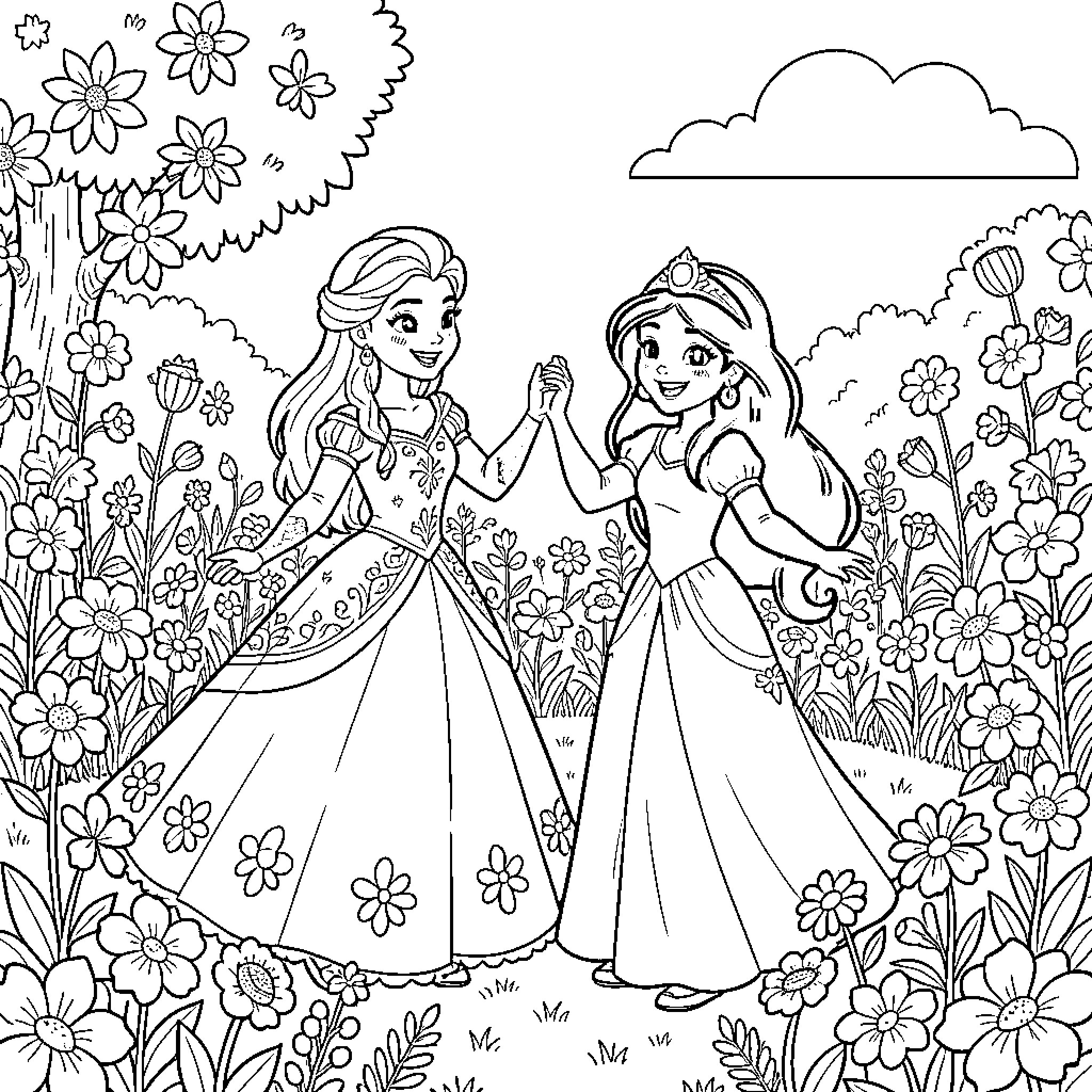 Elsa and Jasmine sharing a joyful moment in the garden Coloring Page (free black-and-white line drawing printable PDF for all, from beginners to advanced learners, including children, teens, adults, and seniors)