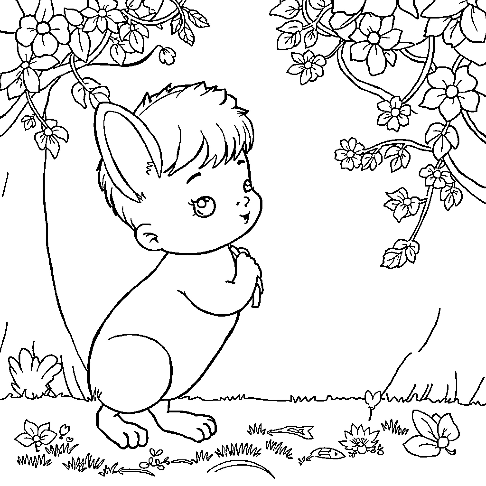 Image of a child playing in a floral field Coloring Page (free black-and-white line drawing printable PDF for all, from beginners to advanced learners, including children, teens, adults, and seniors)