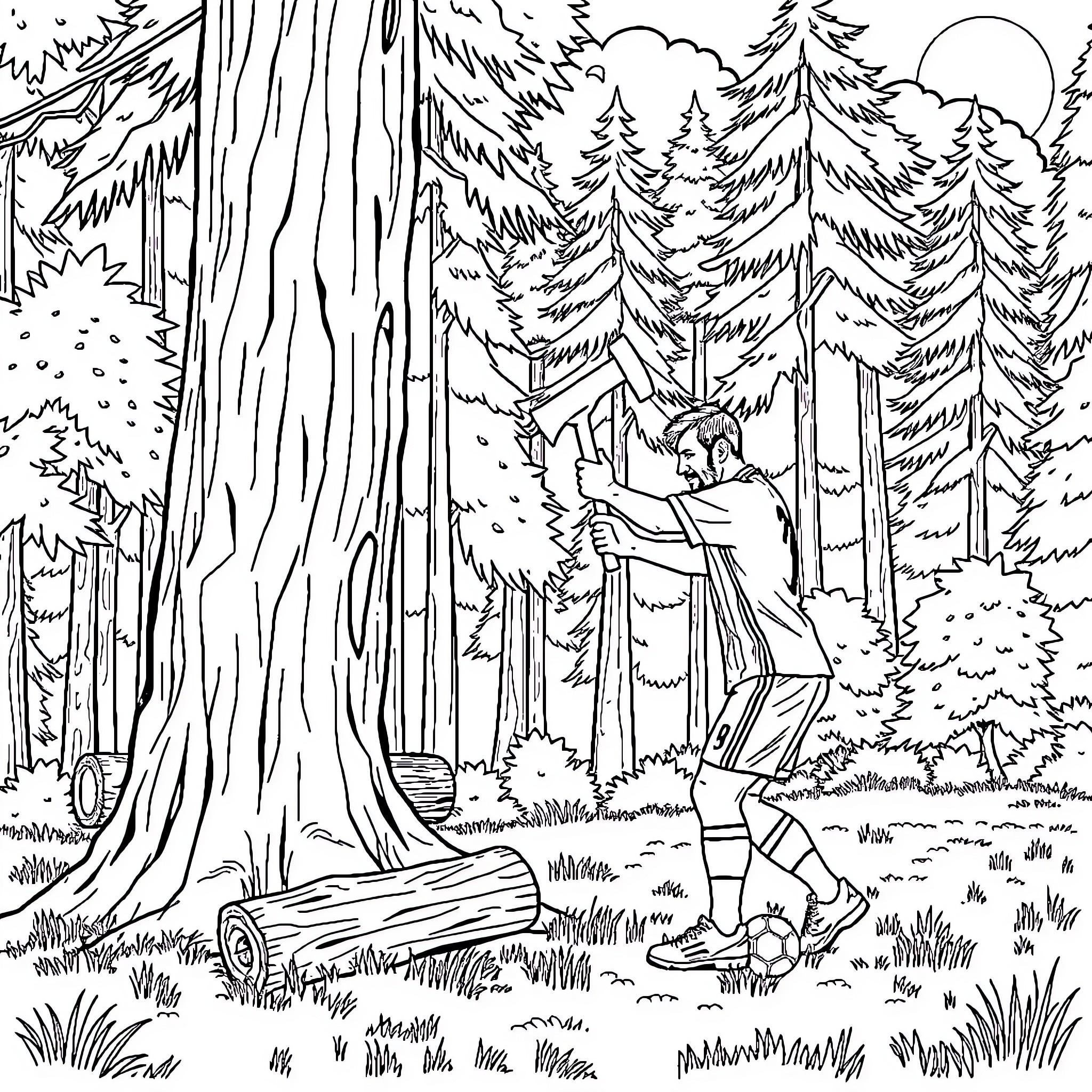 Lionel Messi exploring a serene forest landscape Coloring Page (free black-and-white line drawing printable PDF for all, from beginners to advanced learners, including children, teens, adults, and seniors)