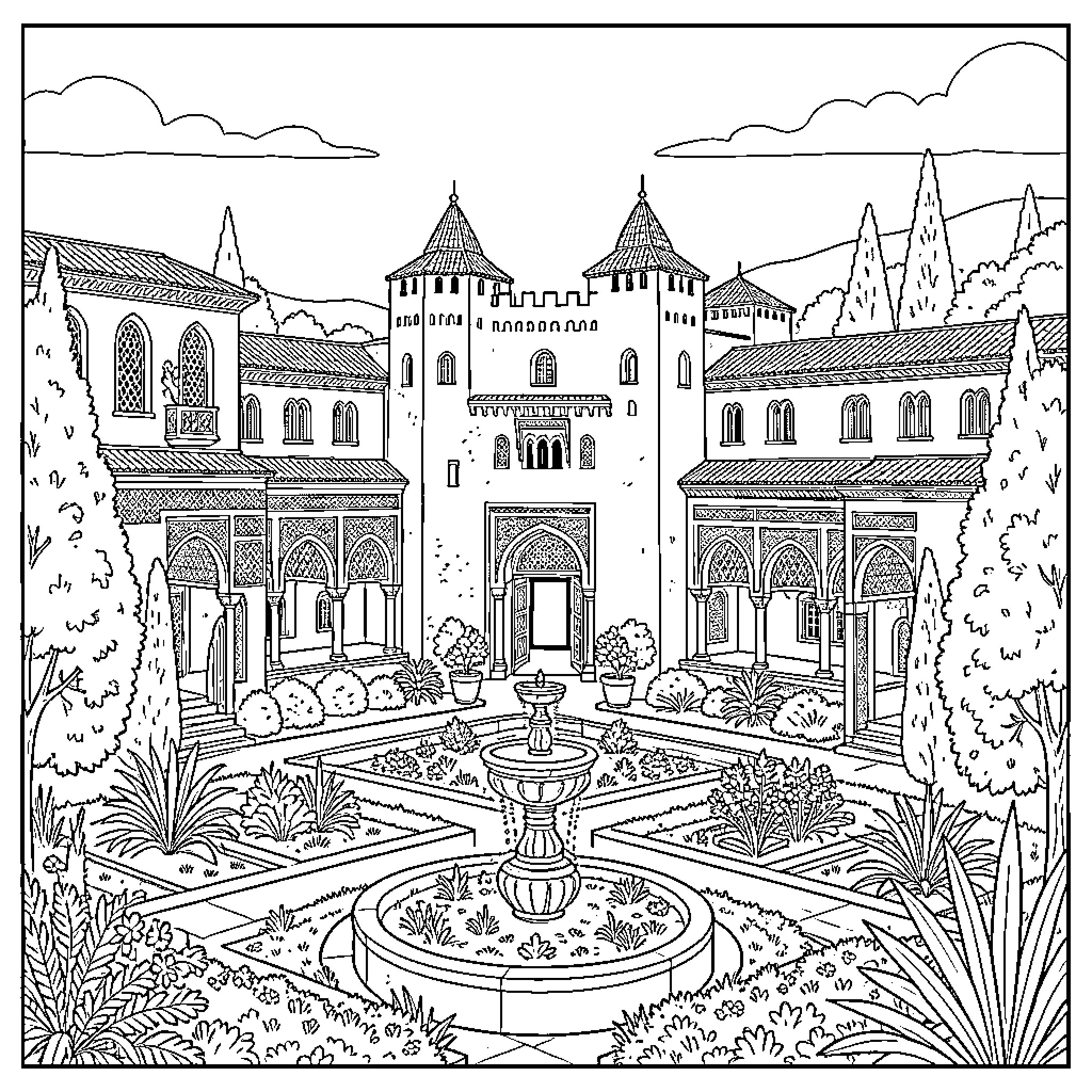 Alhambra: Architectural Splendor and Serene Gardens Coloring Page (free black-and-white line drawing printable PDF for all, from beginners to advanced learners, including children, teens, adults, and seniors)