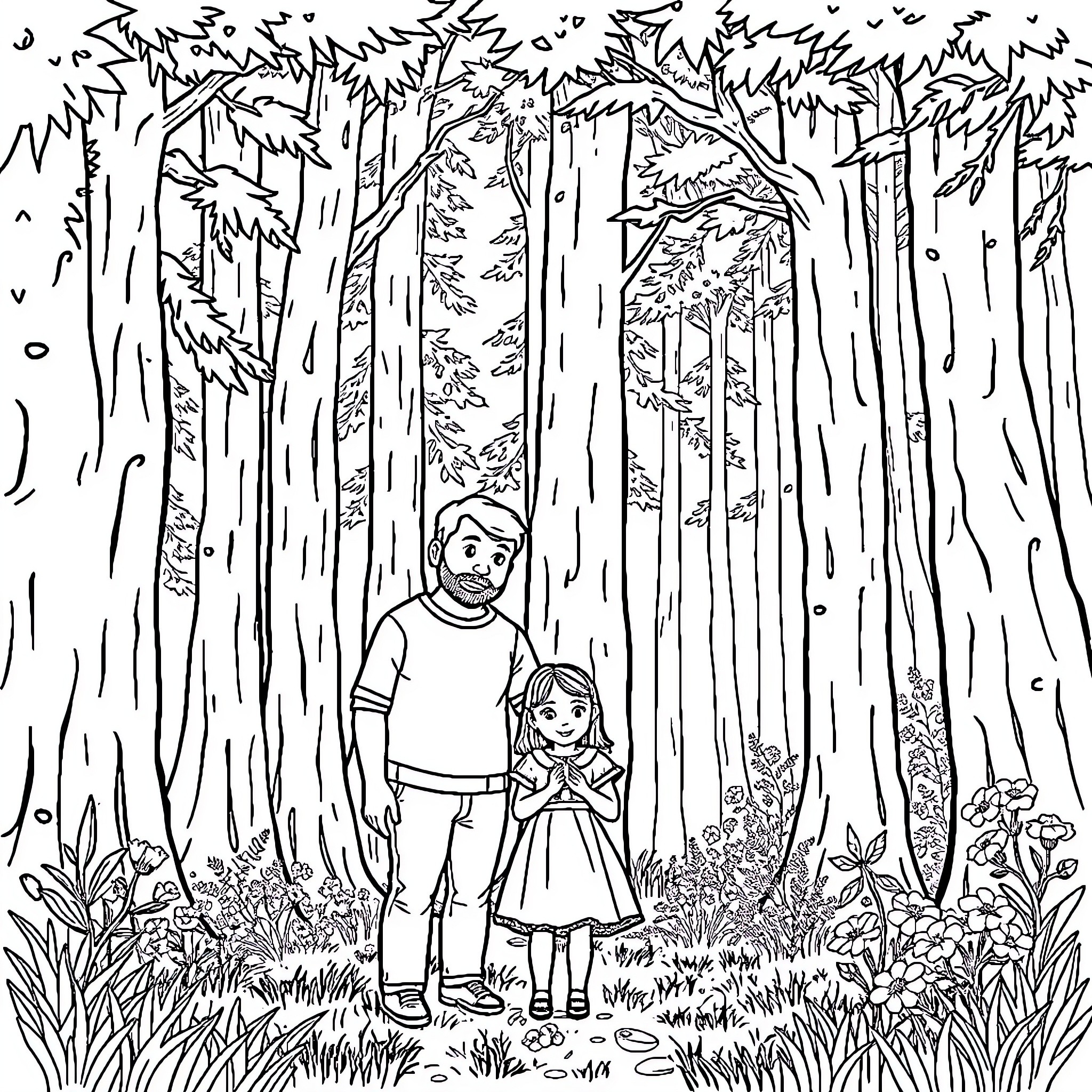Familie in einer dichten Waldlandschaft Coloring Page (free black-and-white line drawing printable PDF for all, from beginners to advanced learners, including children, teens, adults, and seniors)