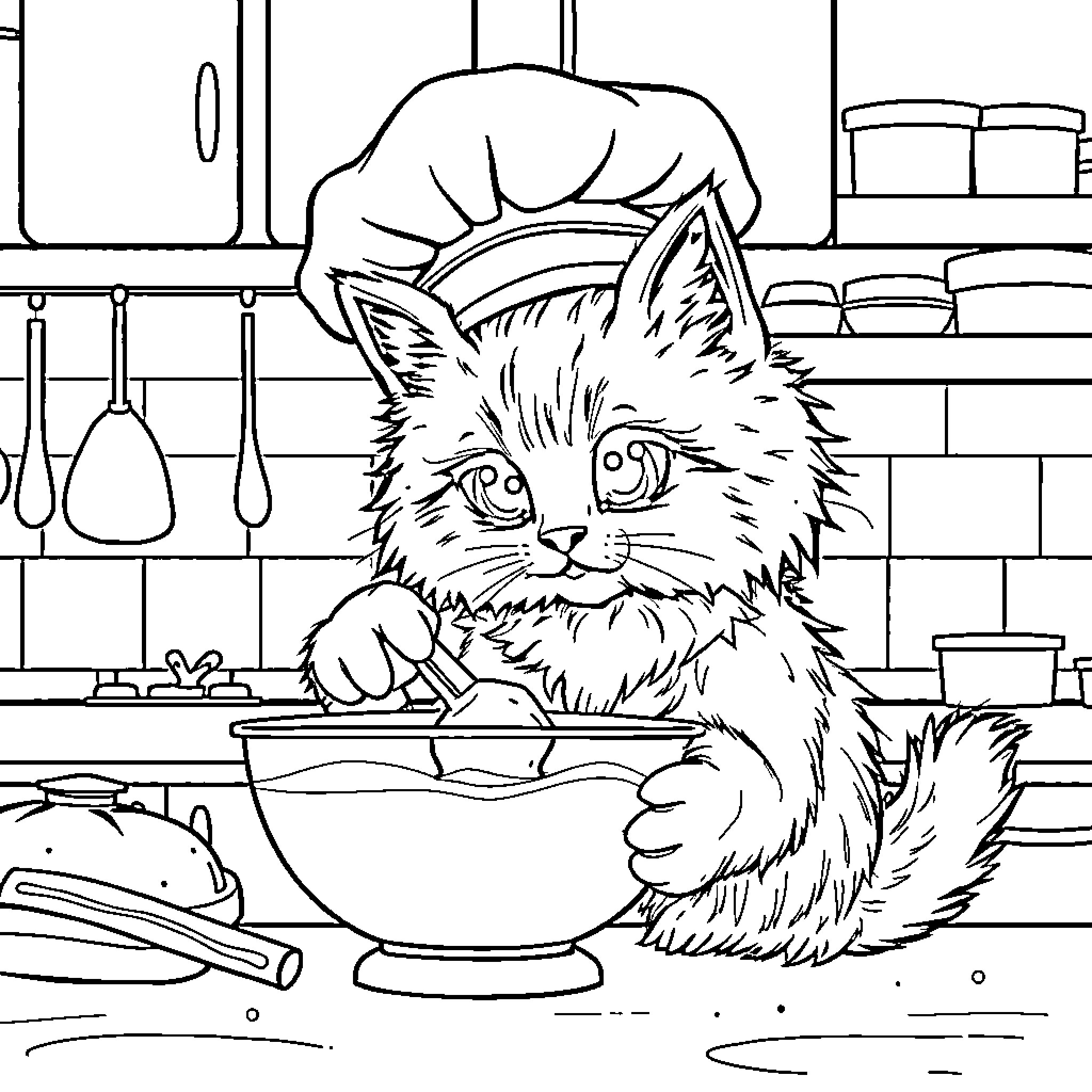 Cat chef cooking in the kitchen Coloring Page (free black-and-white line drawing printable PDF for all, from beginners to advanced learners, including children, teens, adults, and seniors)
