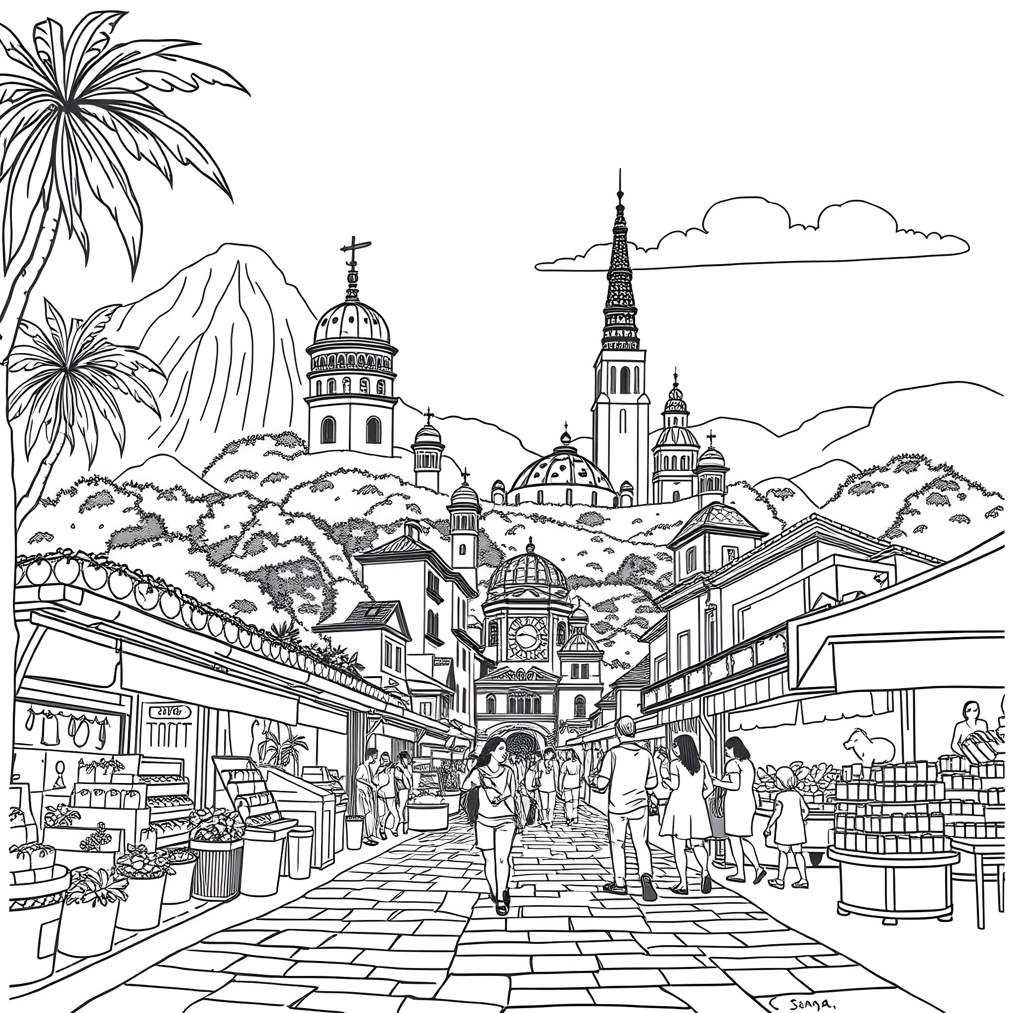 Clancy's Bustling City Adventure Coloring Page (free black-and-white line drawing printable PDF for all, from beginners to advanced learners, including children, teens, adults, and seniors)