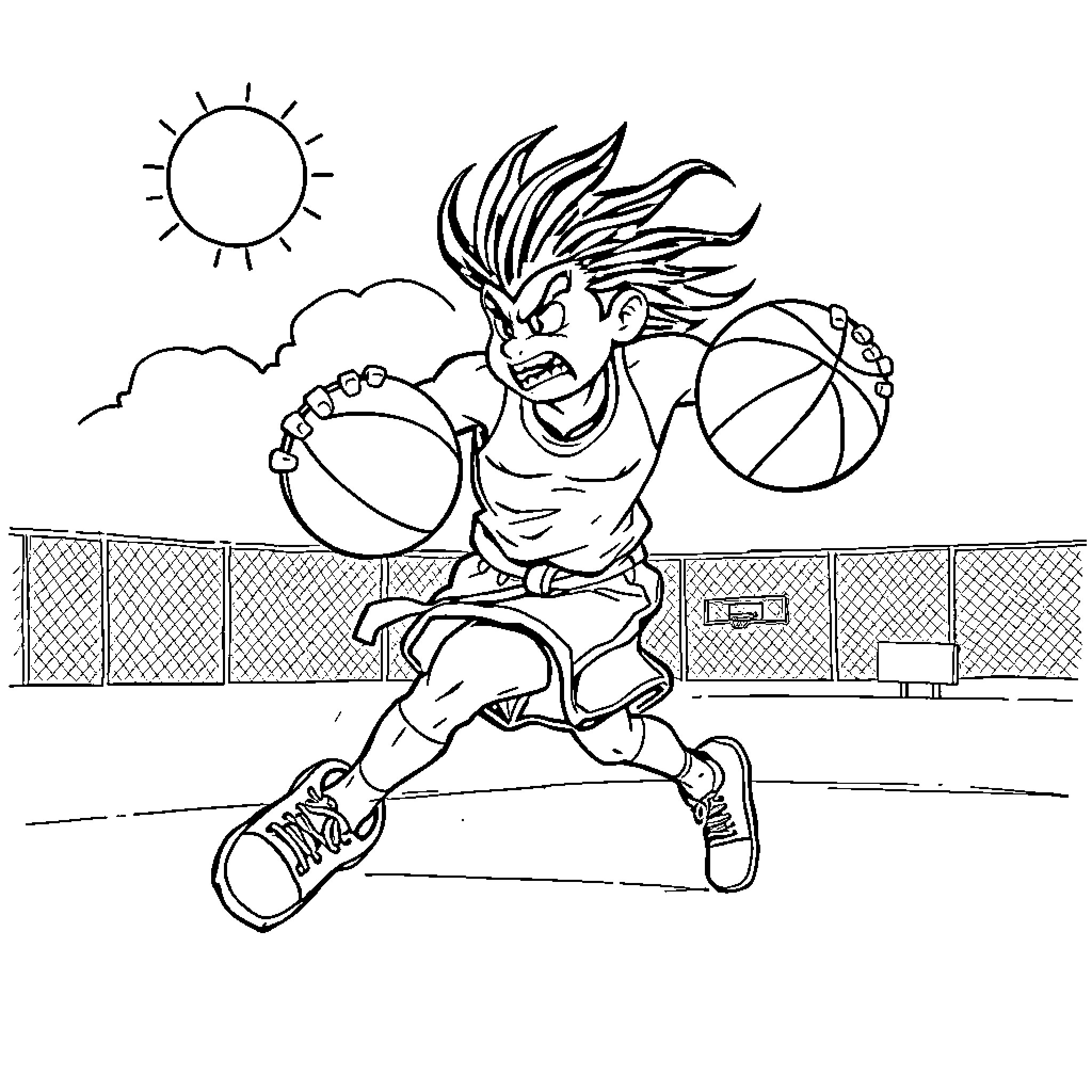 Sangoku's Energetic Basketball Game Coloring Page (free black-and-white line drawing printable PDF for all, from beginners to advanced learners, including children, teens, adults, and seniors)