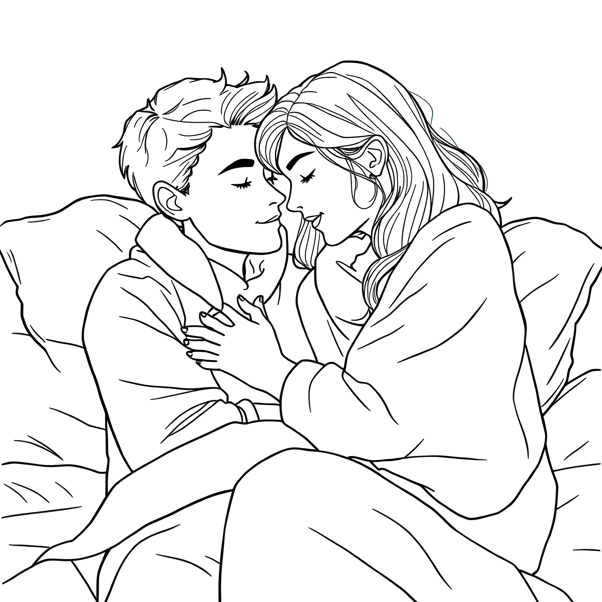 Friend's intimate embrace Coloring Page (free black-and-white line drawing printable PDF for all, from beginners to advanced learners, including children, teens, adults, and seniors)