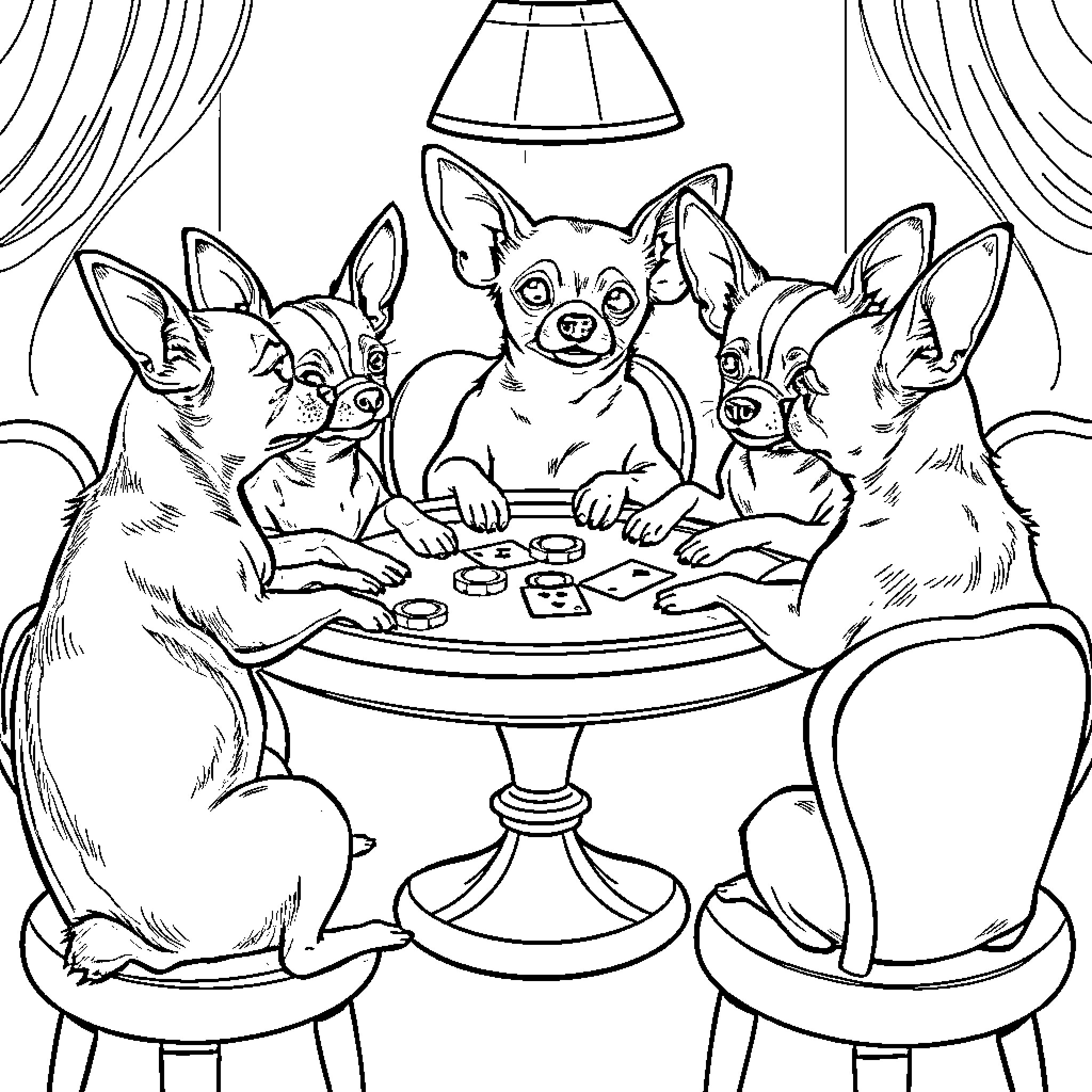Chihuahuas Playing Cards Together Coloring Page (free black-and-white line drawing printable PDF for all, from beginners to advanced learners, including children, teens, adults, and seniors)