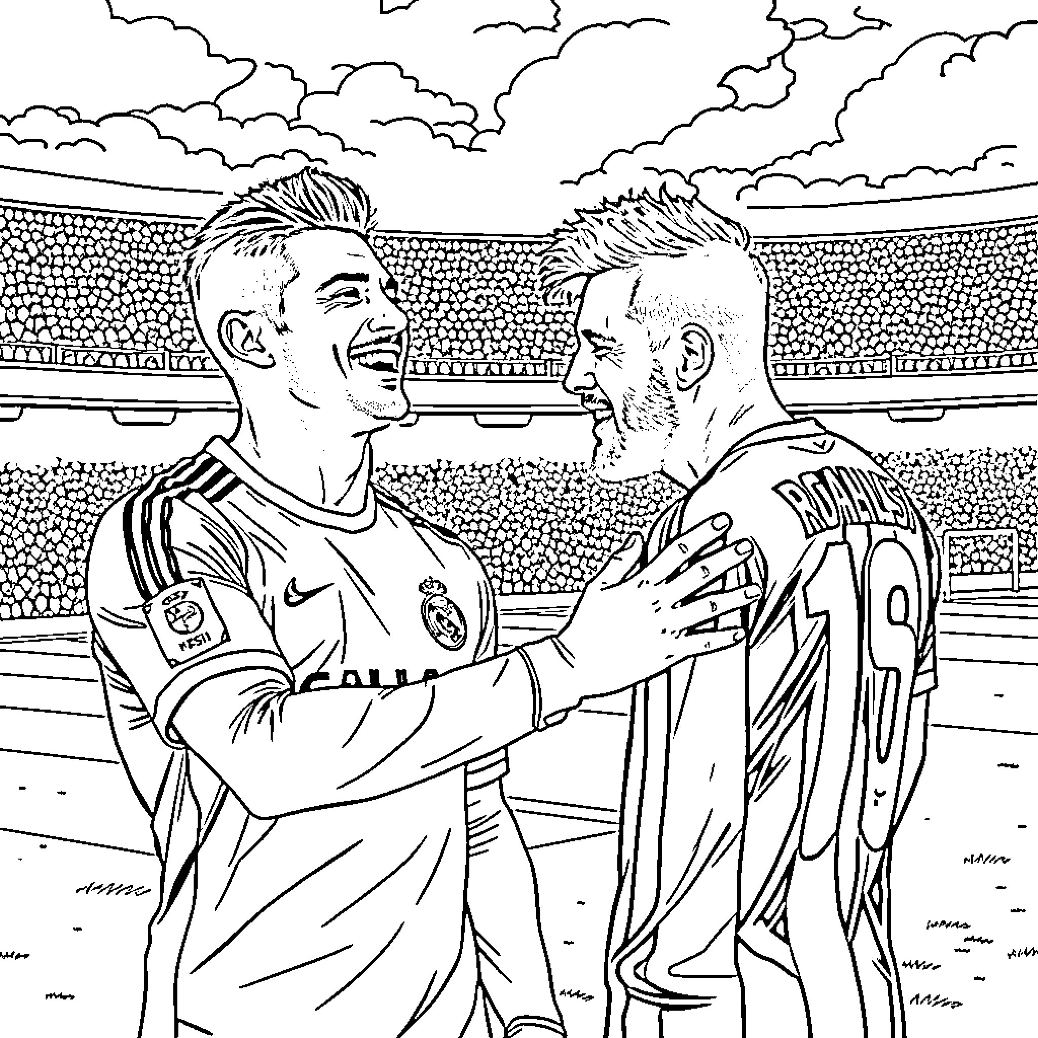 Ronaldo congratulating teammate on soccer field Coloring Page (free black-and-white line drawing printable PDF for all, from beginners to advanced learners, including children, teens, adults, and seniors)