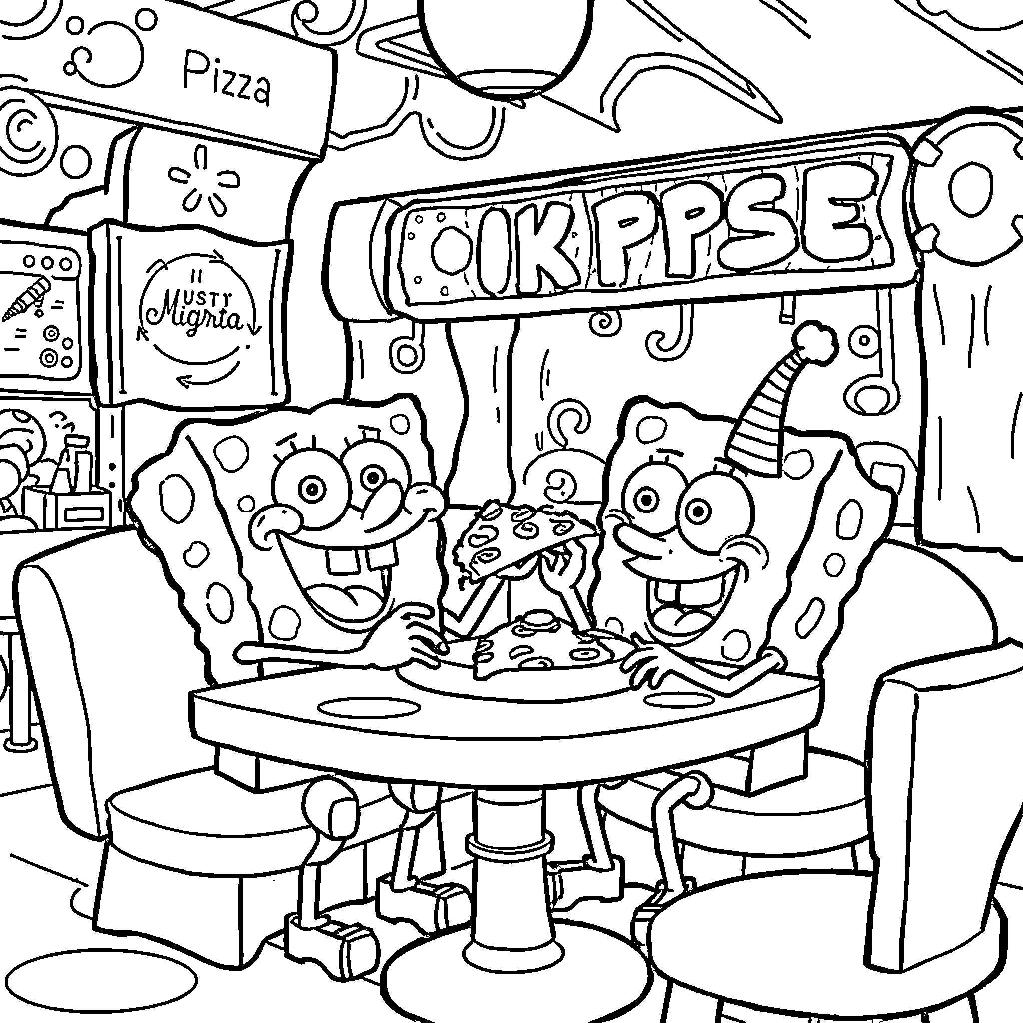 Spongebob and friends having a pizza party Coloring Page (free black-and-white line drawing printable PDF for all, from beginners to advanced learners, including children, teens, adults, and seniors)