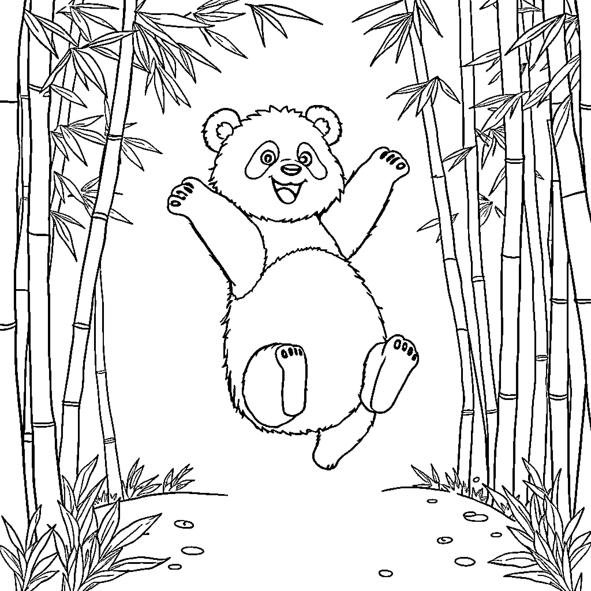 Panda playing joyfully in bamboo forest Coloring Page (free black-and-white line drawing printable PDF for all, from beginners to advanced learners, including children, teens, adults, and seniors)