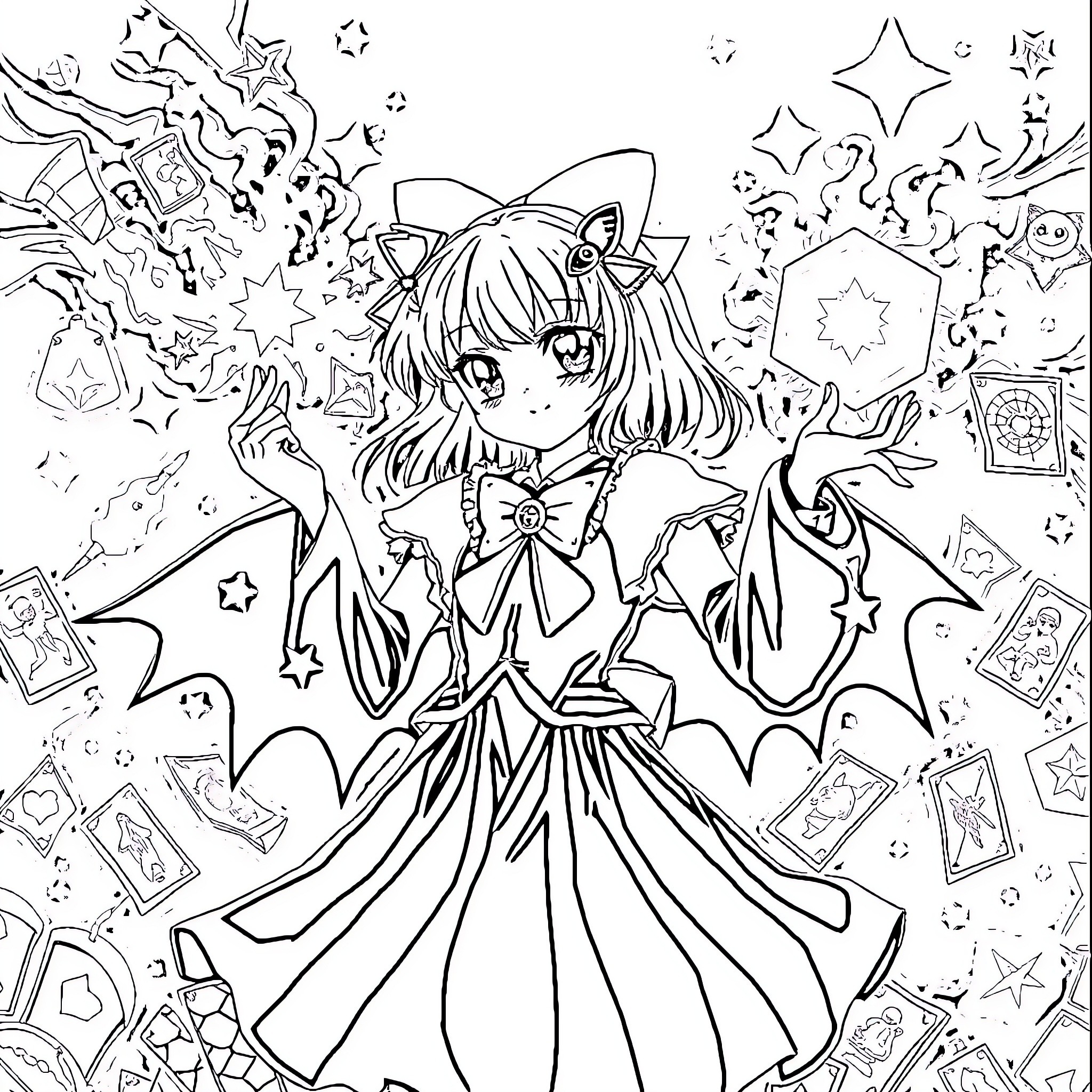 Cardcaptor Sakura's Magical Adventure with Stars and Cards Coloring Page (free black-and-white line drawing printable PDF for all, from beginners to advanced learners, including children, teens, adults, and seniors)