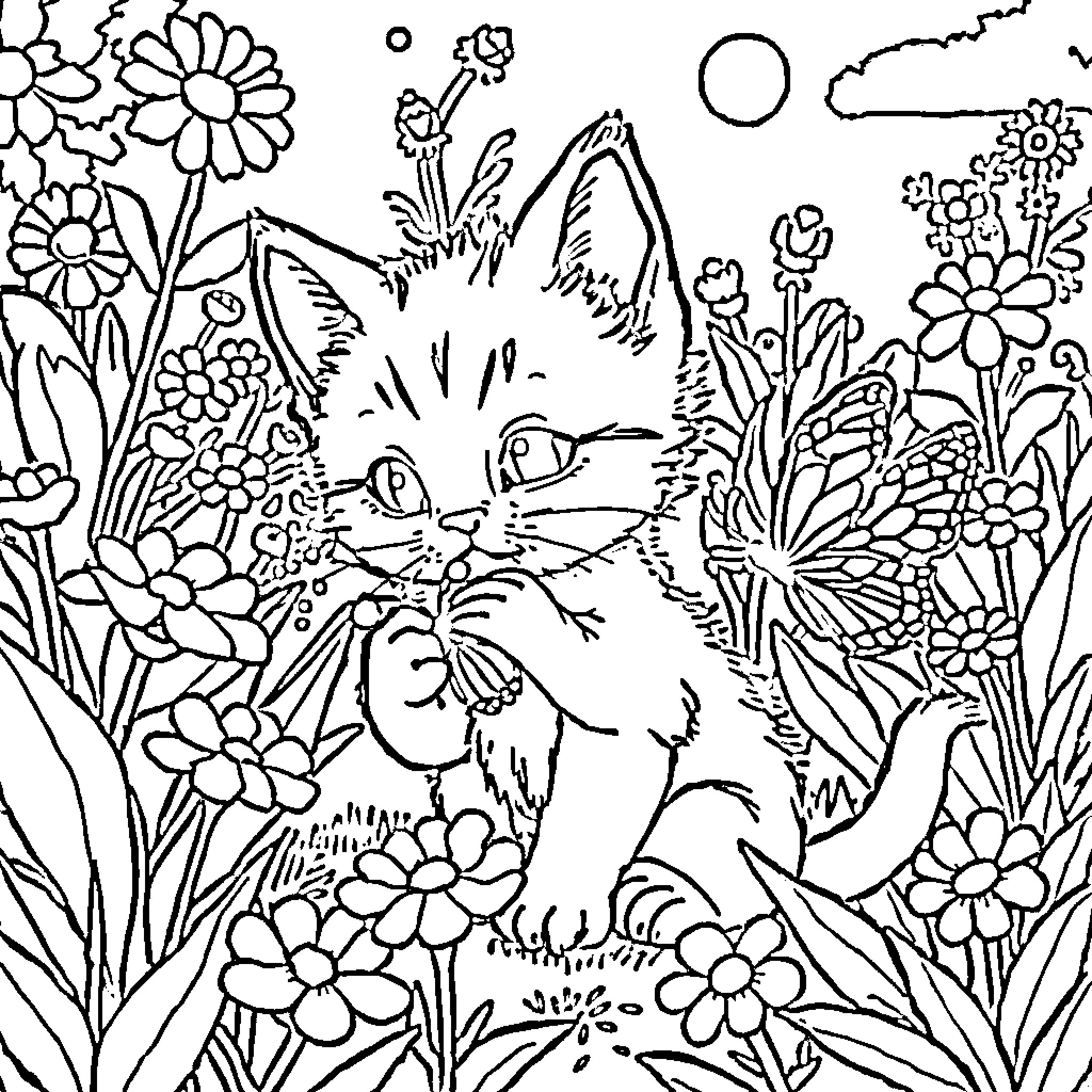 Kitty exploring the floral garden Coloring Page (free black-and-white line drawing printable PDF for all, from beginners to advanced learners, including children, teens, adults, and seniors)