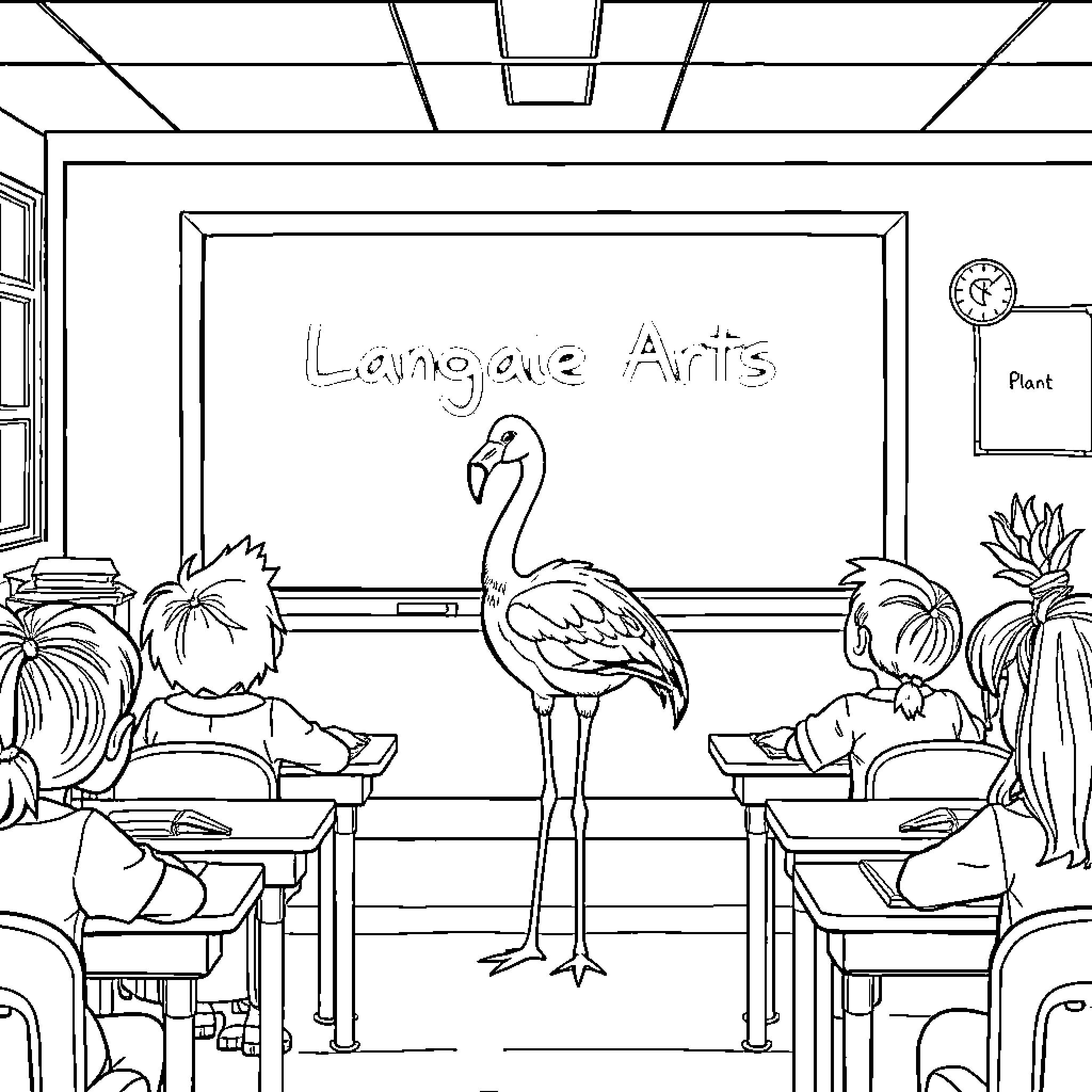 Flamingo Teaching Art in Classroom Coloring Page (free black-and-white line drawing printable PDF for all, from beginners to advanced learners, including children, teens, adults, and seniors)