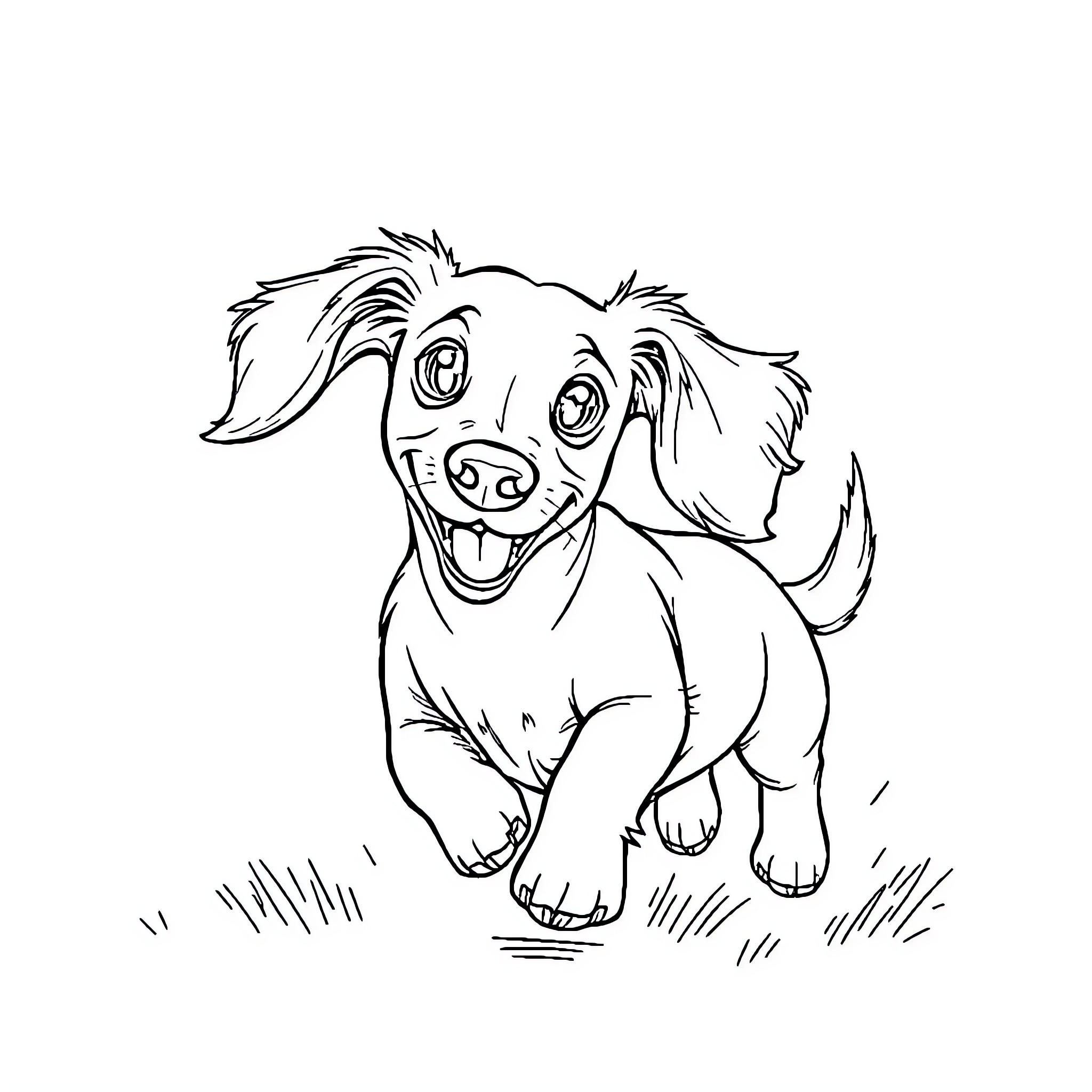 Dachshund excitedly running through the grass Coloring Page (free black-and-white line drawing printable PDF for all, from beginners to advanced learners, including children, teens, adults, and seniors)