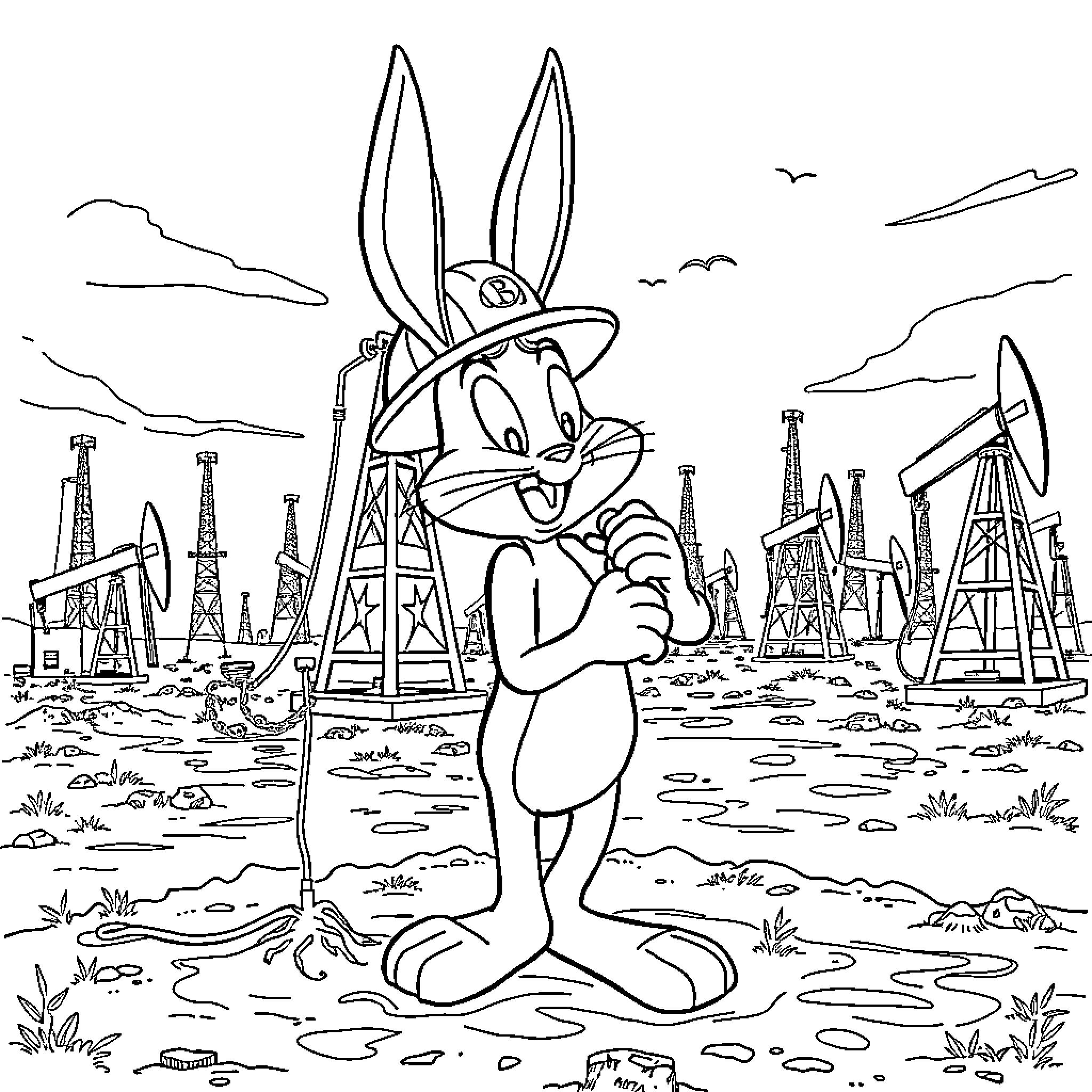 Bugs Bunny exploring an industrial landscape Coloring Page (free black-and-white line drawing printable PDF for all, from beginners to advanced learners, including children, teens, adults, and seniors)