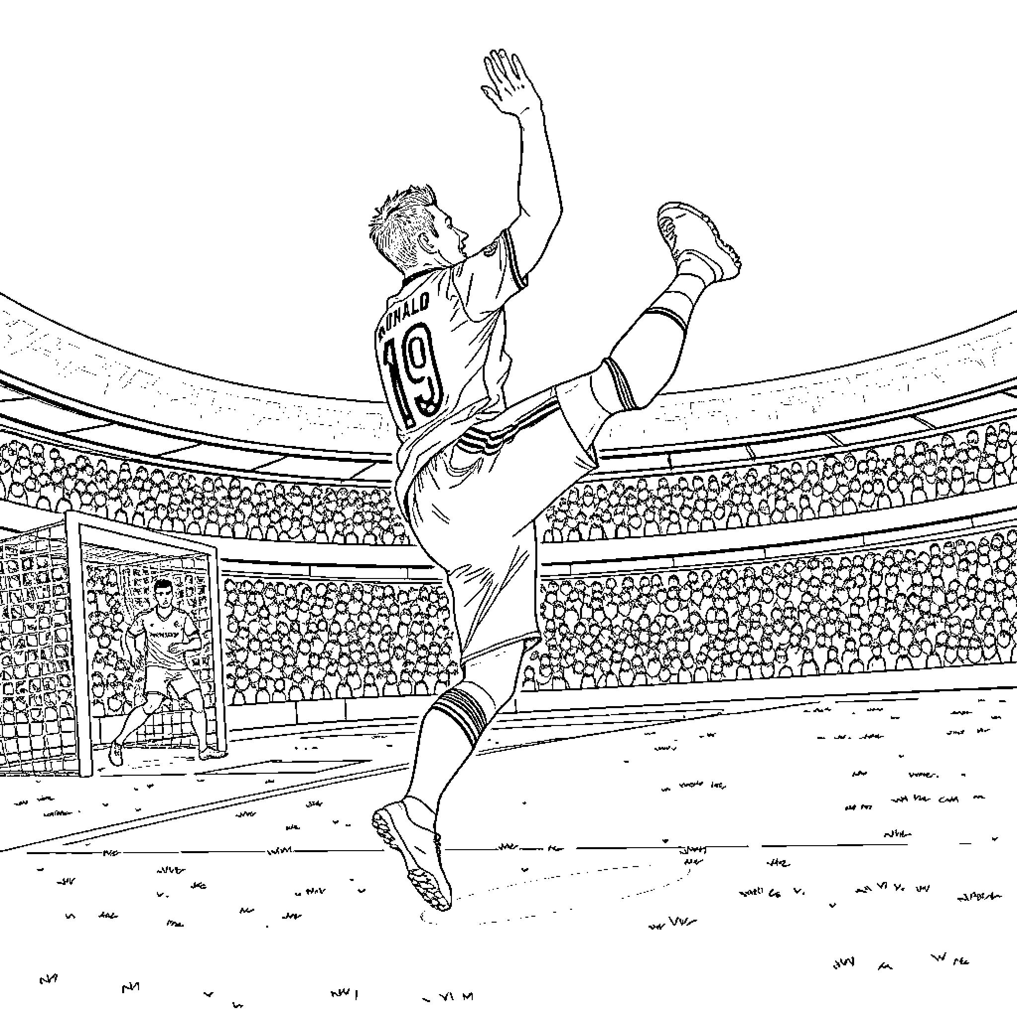 Ronaldo performs acrobatic goal celebration in stadium Coloring Page (free black-and-white line drawing printable PDF for all, from beginners to advanced learners, including children, teens, adults, and seniors)