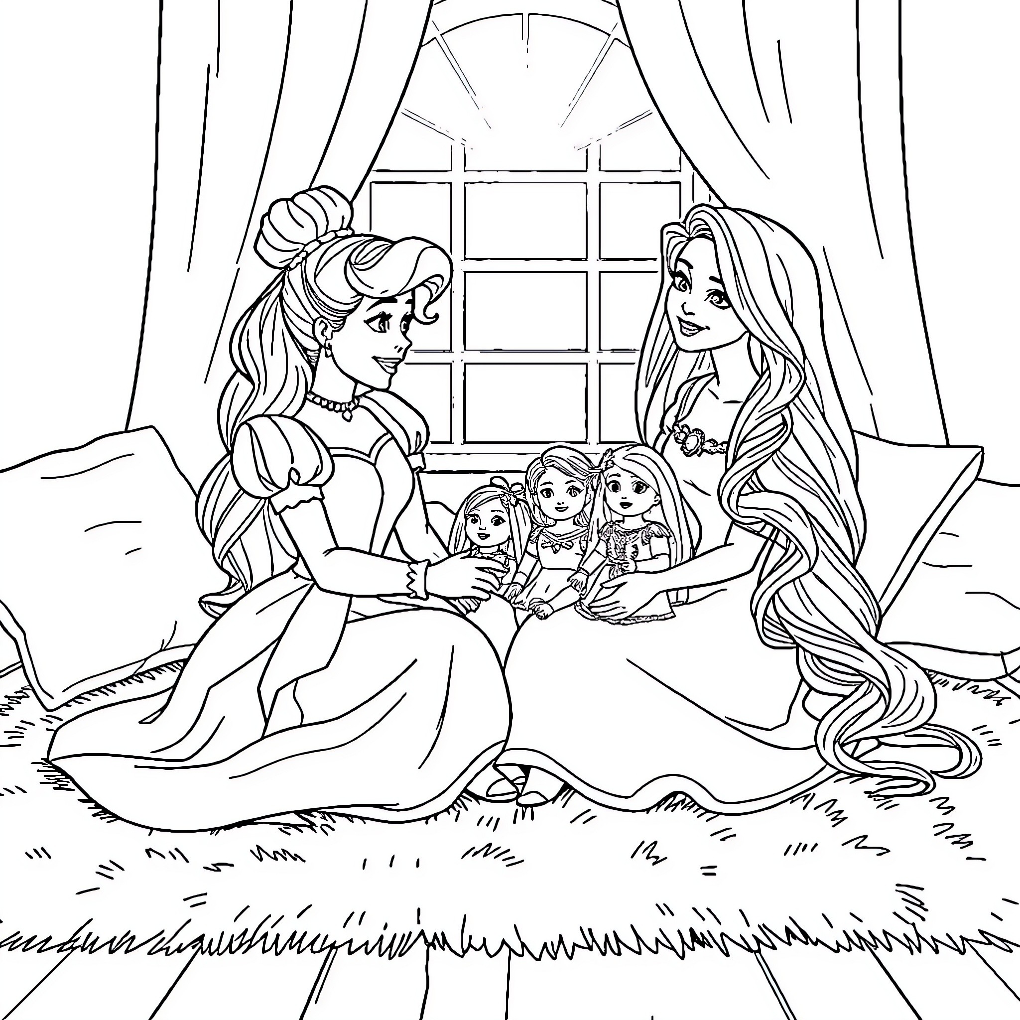 Cinderella and her friends sharing a moment of joy Coloring Page (free black-and-white line drawing printable PDF for all, from beginners to advanced learners, including children, teens, adults, and seniors)