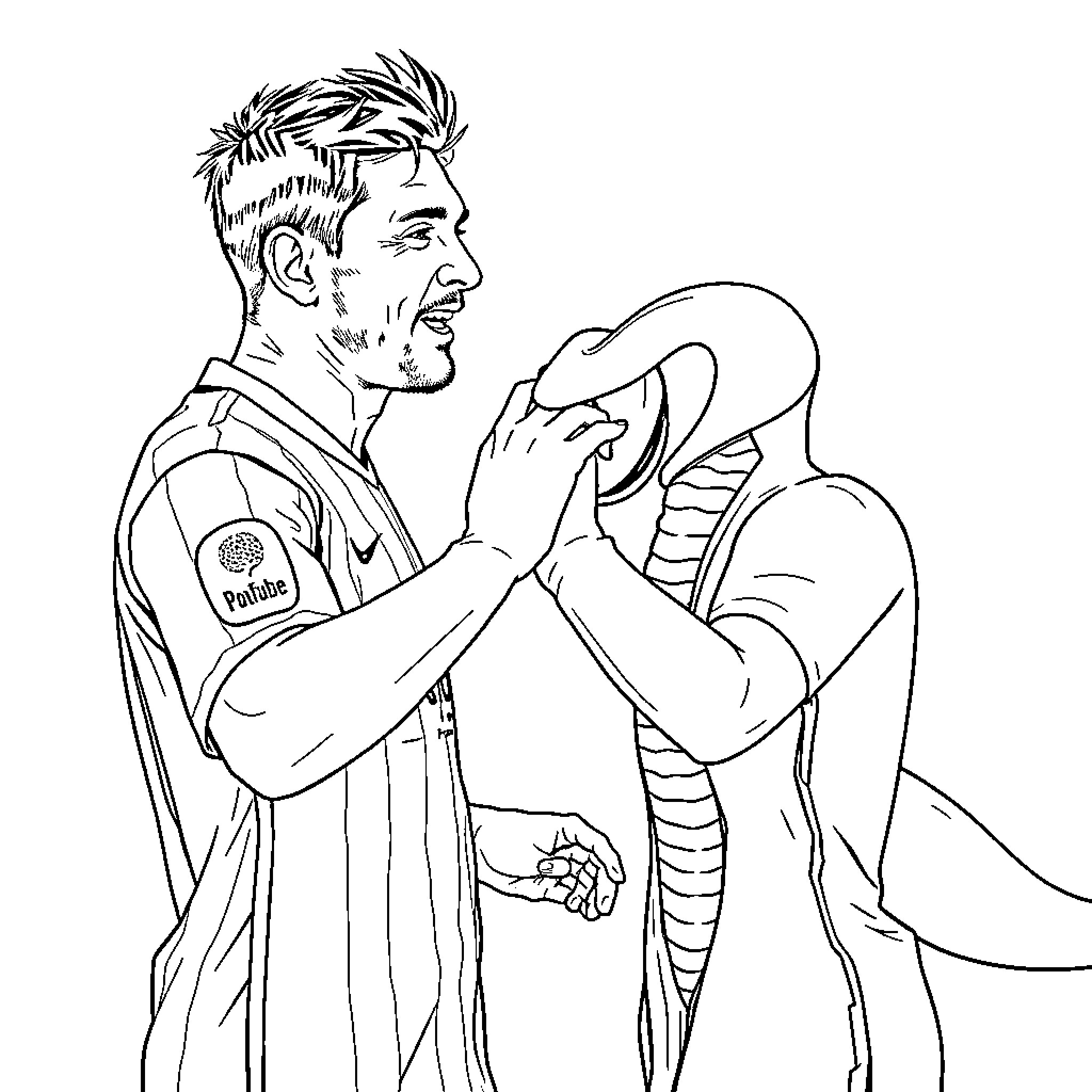 Messi in intense concentration with a large snake Coloring Page (free black-and-white line drawing printable PDF for all, from beginners to advanced learners, including children, teens, adults, and seniors)
