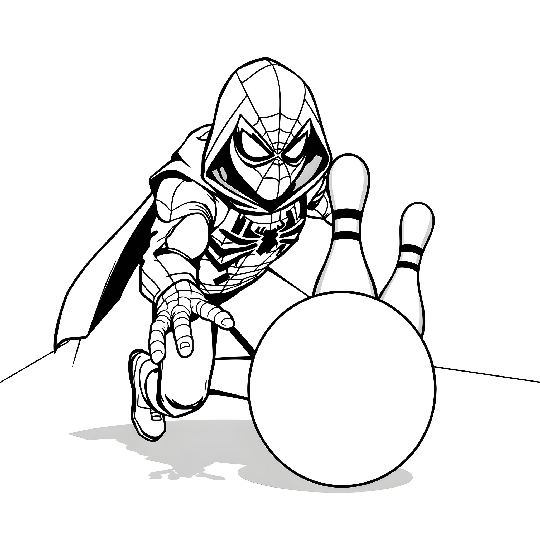 Spiderman Bowling for Strike Coloring Page (free black-and-white line drawing printable PDF for all, from beginners to advanced learners, including children, teens, adults, and seniors)