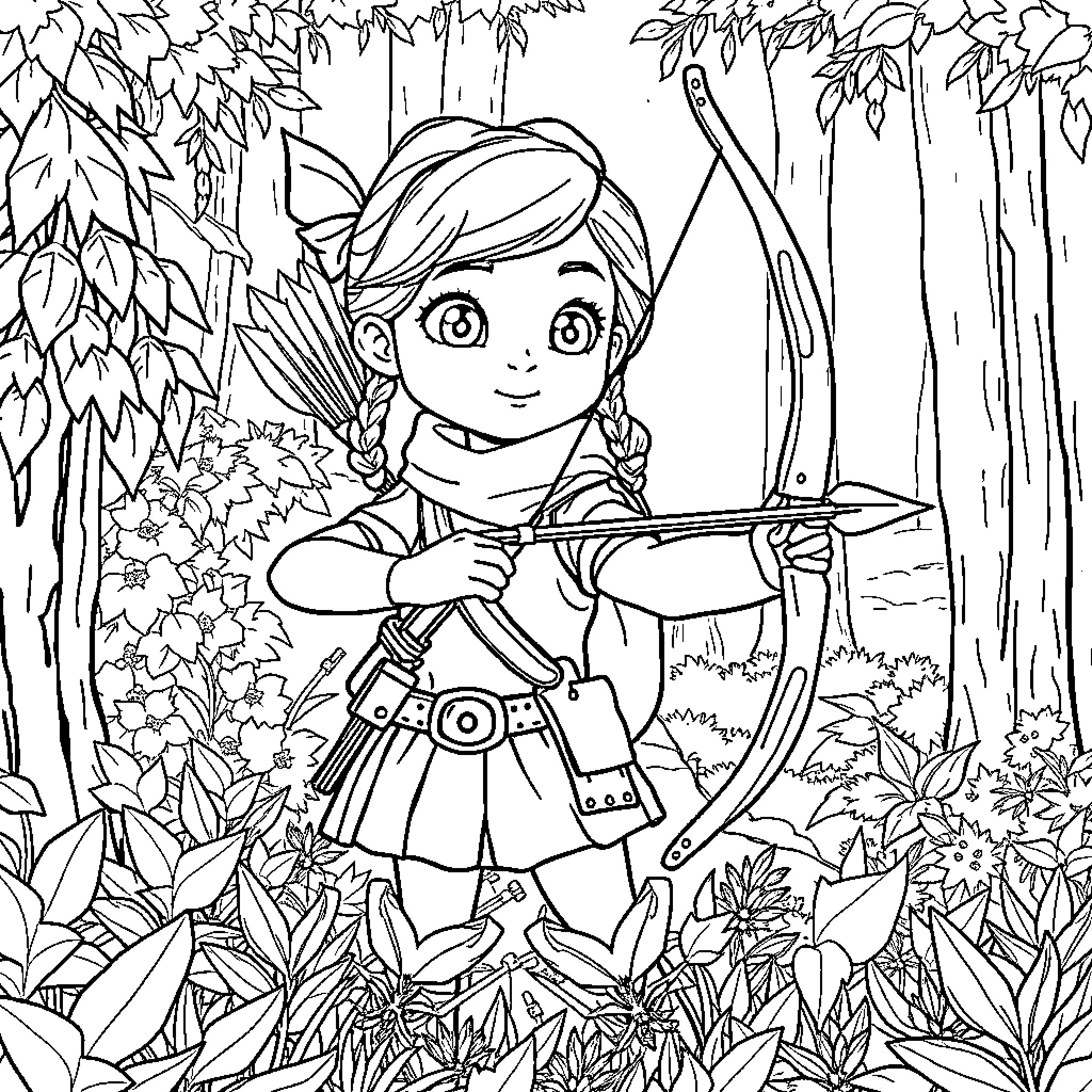 Zoey's Archery Adventure in the Forest Coloring Page (free black-and-white line drawing printable PDF for all, from beginners to advanced learners, including children, teens, adults, and seniors)