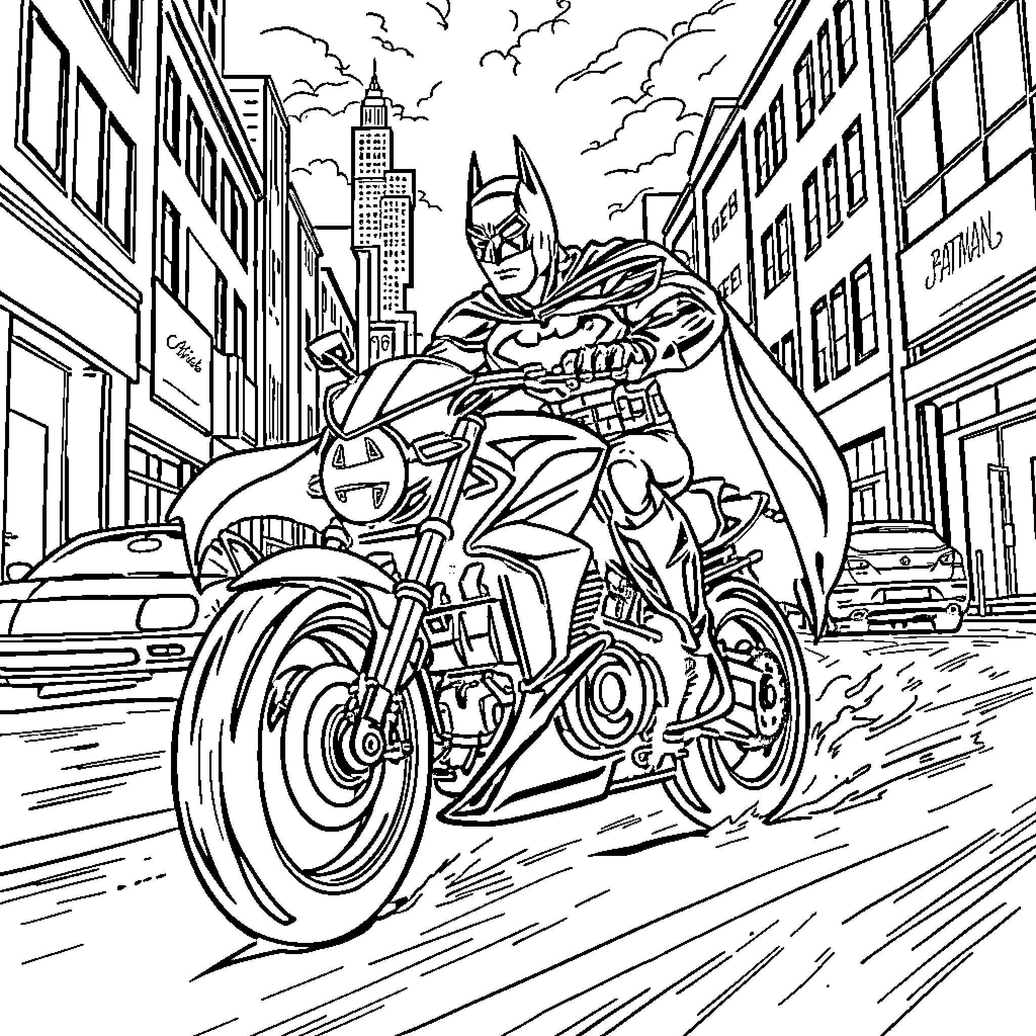 Batman speeding through the city on his motorcycle Coloring Page (free black-and-white line drawing printable PDF for all, from beginners to advanced learners, including children, teens, adults, and seniors)