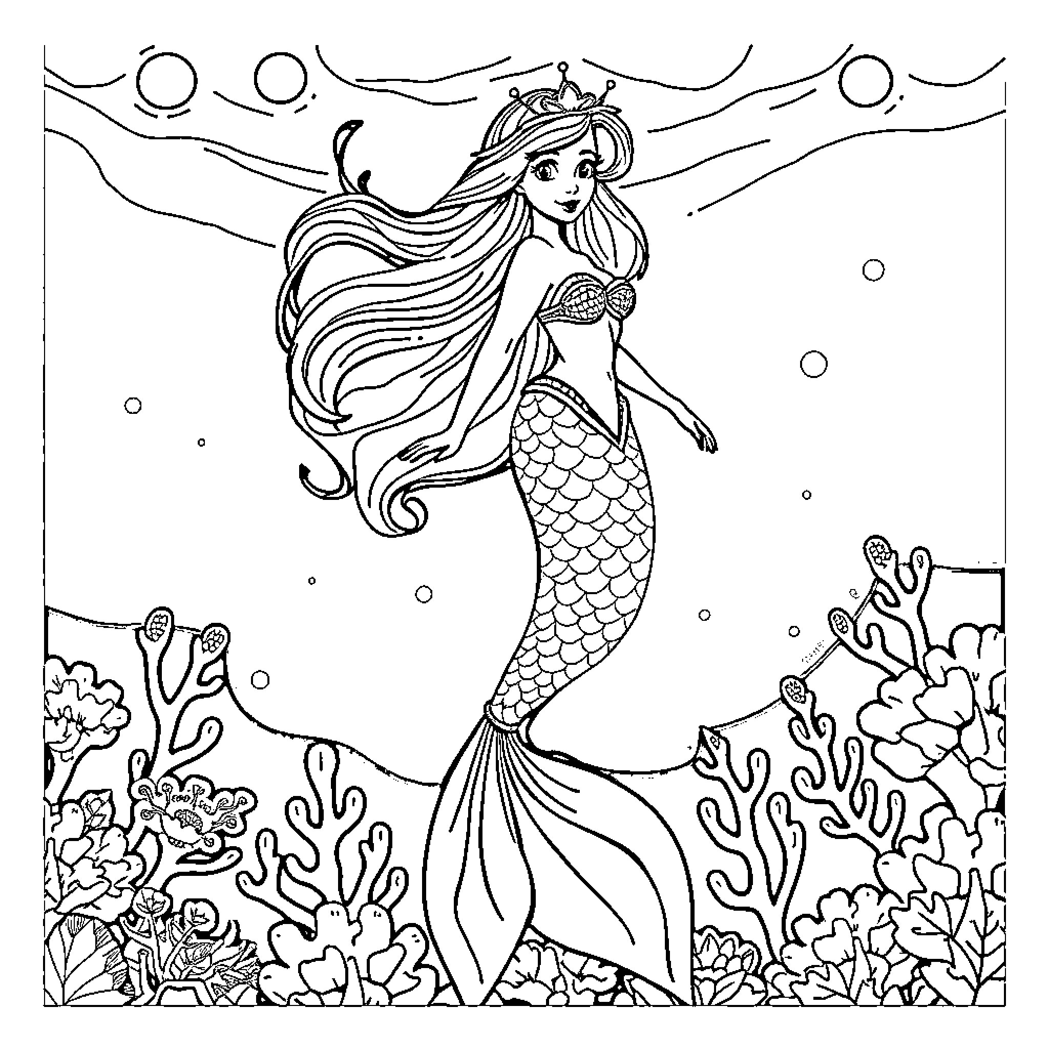 Mermaid with flowing hair swimming in the ocean Coloring Page (free black-and-white line drawing printable PDF for all, from beginners to advanced learners, including children, teens, adults, and seniors)