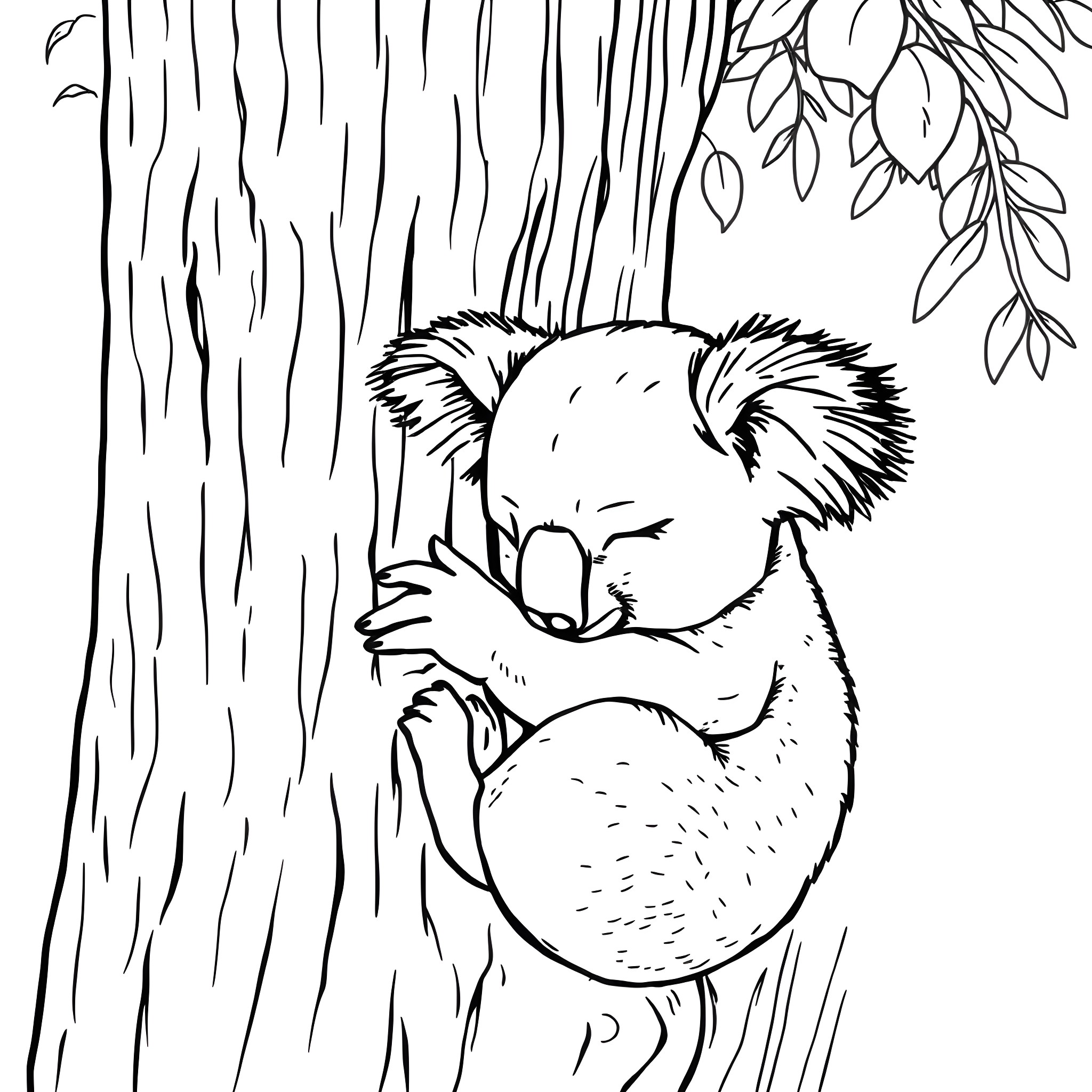Koala sleeping peacefully on a tree trunk Coloring Page (free black-and-white line drawing printable PDF for all, from beginners to advanced learners, including children, teens, adults, and seniors)