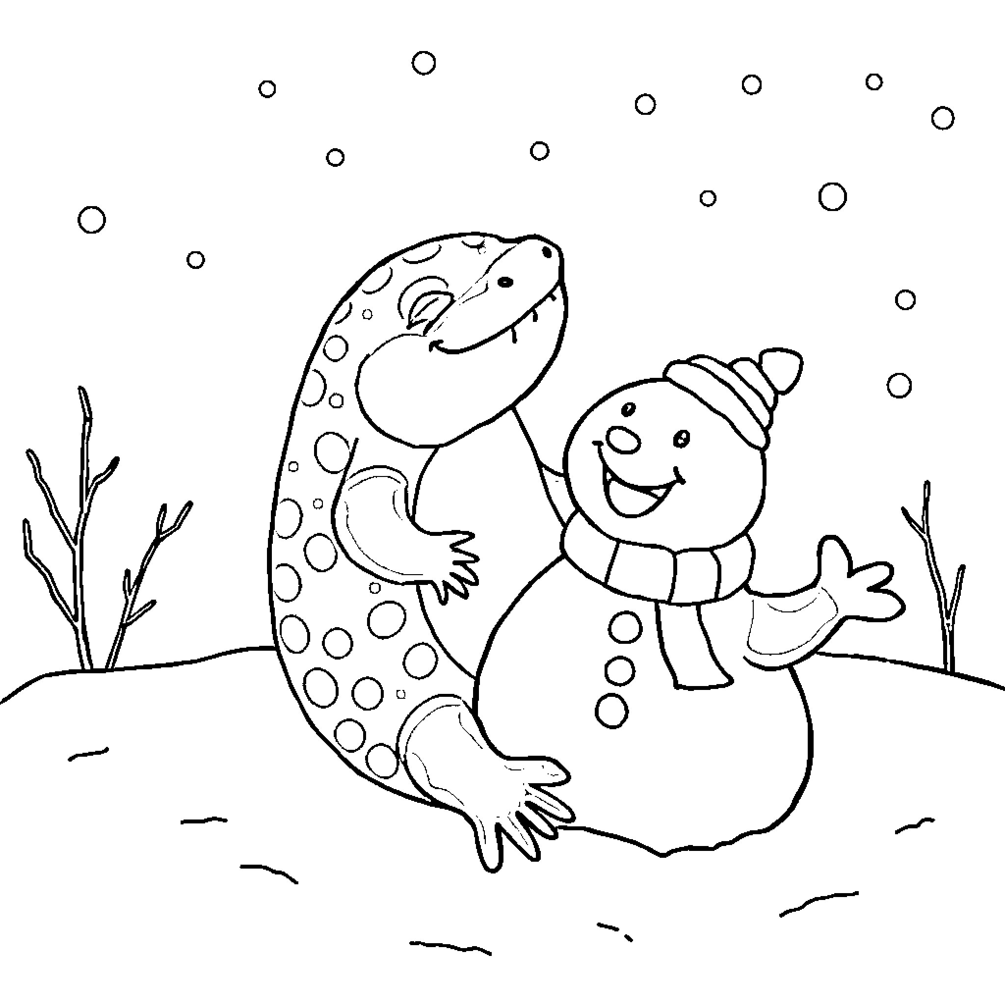 Axolotl playing with cheerful snowman in winter scene Coloring Page (free black-and-white line drawing printable PDF for all, from beginners to advanced learners, including children, teens, adults, and seniors)