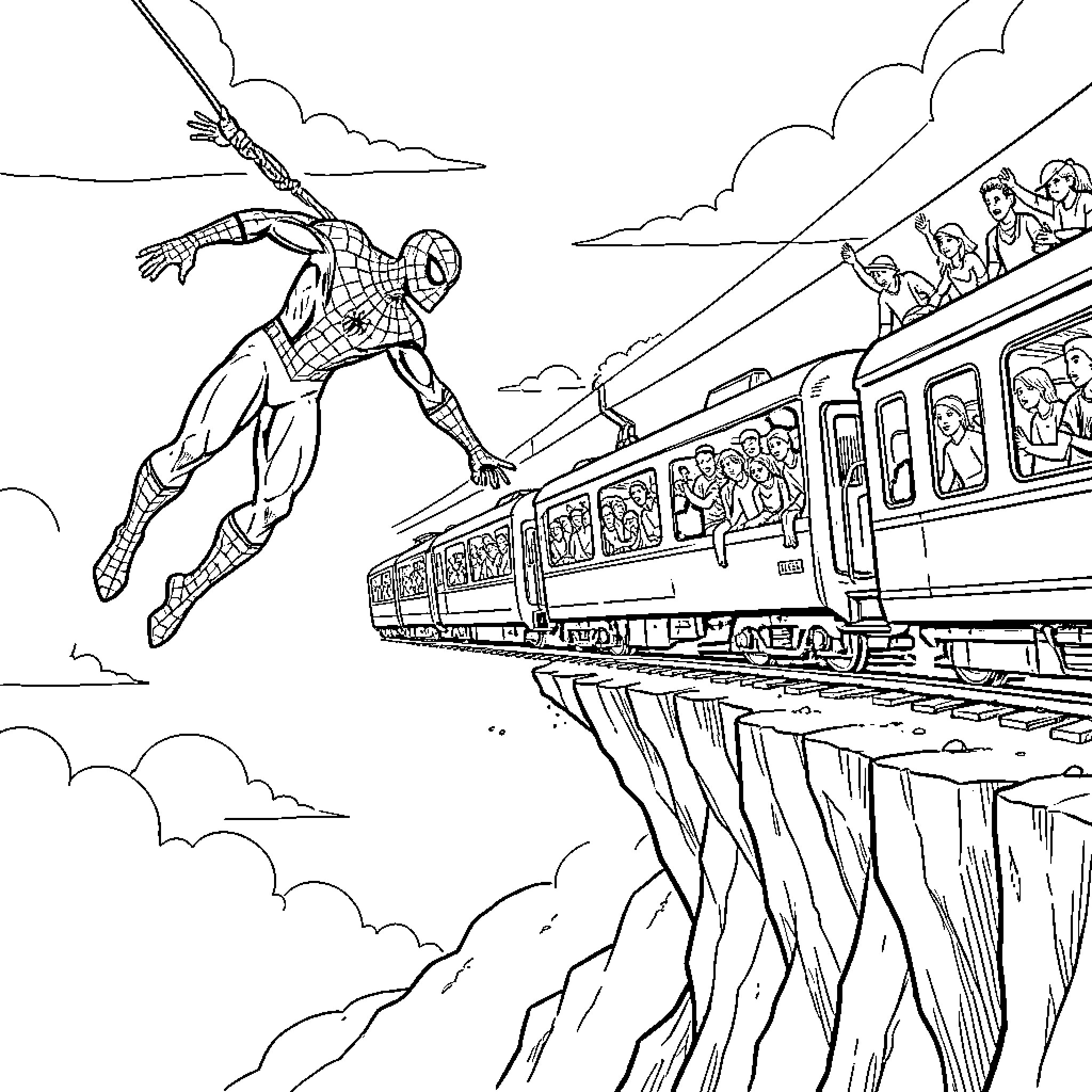 Spiderman swinging near a train on a cliff Coloring Page (free black-and-white line drawing printable PDF for all, from beginners to advanced learners, including children, teens, adults, and seniors)