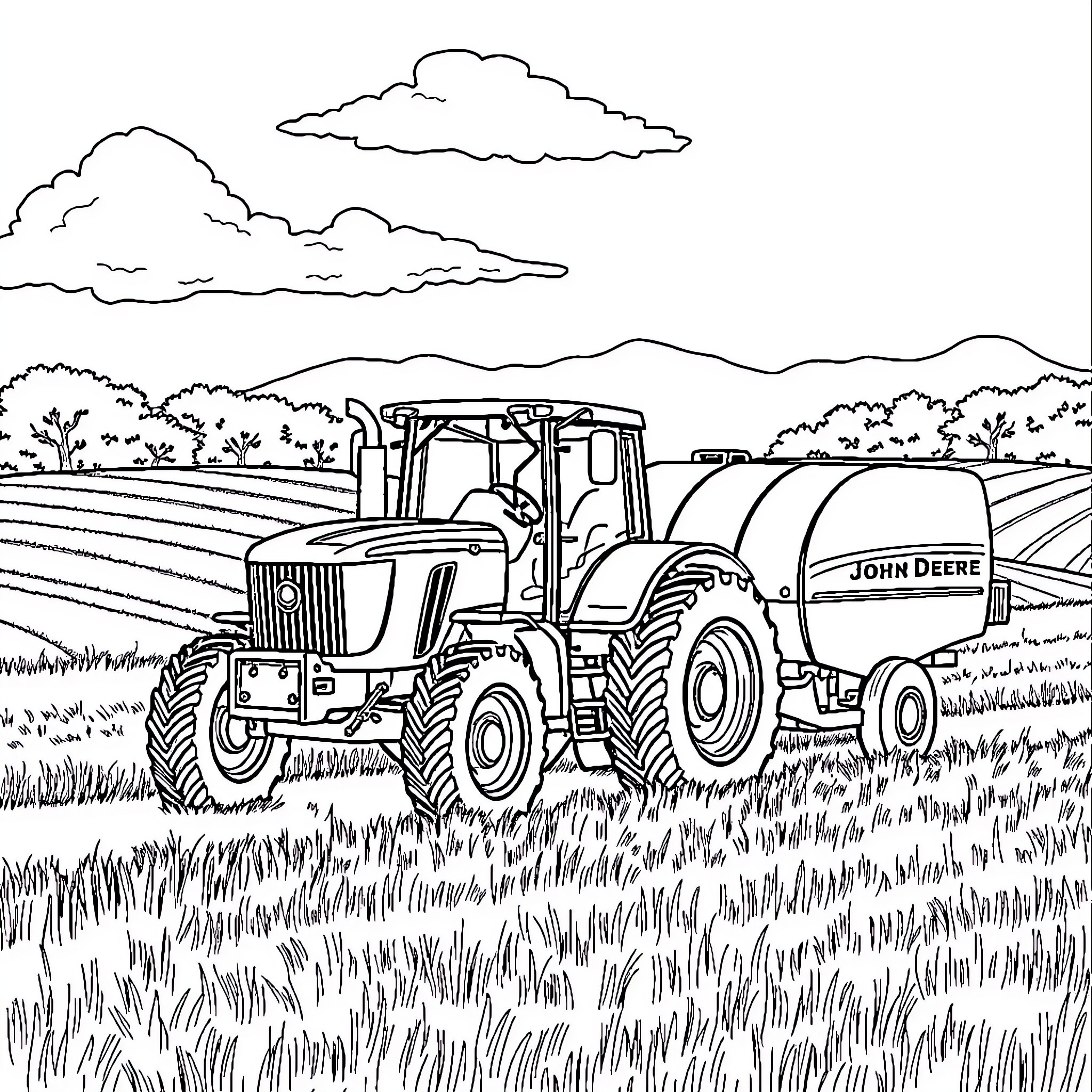 Tractor plowing through a field with a John Deere tank Coloring Page (free black-and-white line drawing printable PDF for all, from beginners to advanced learners, including children, teens, adults, and seniors)