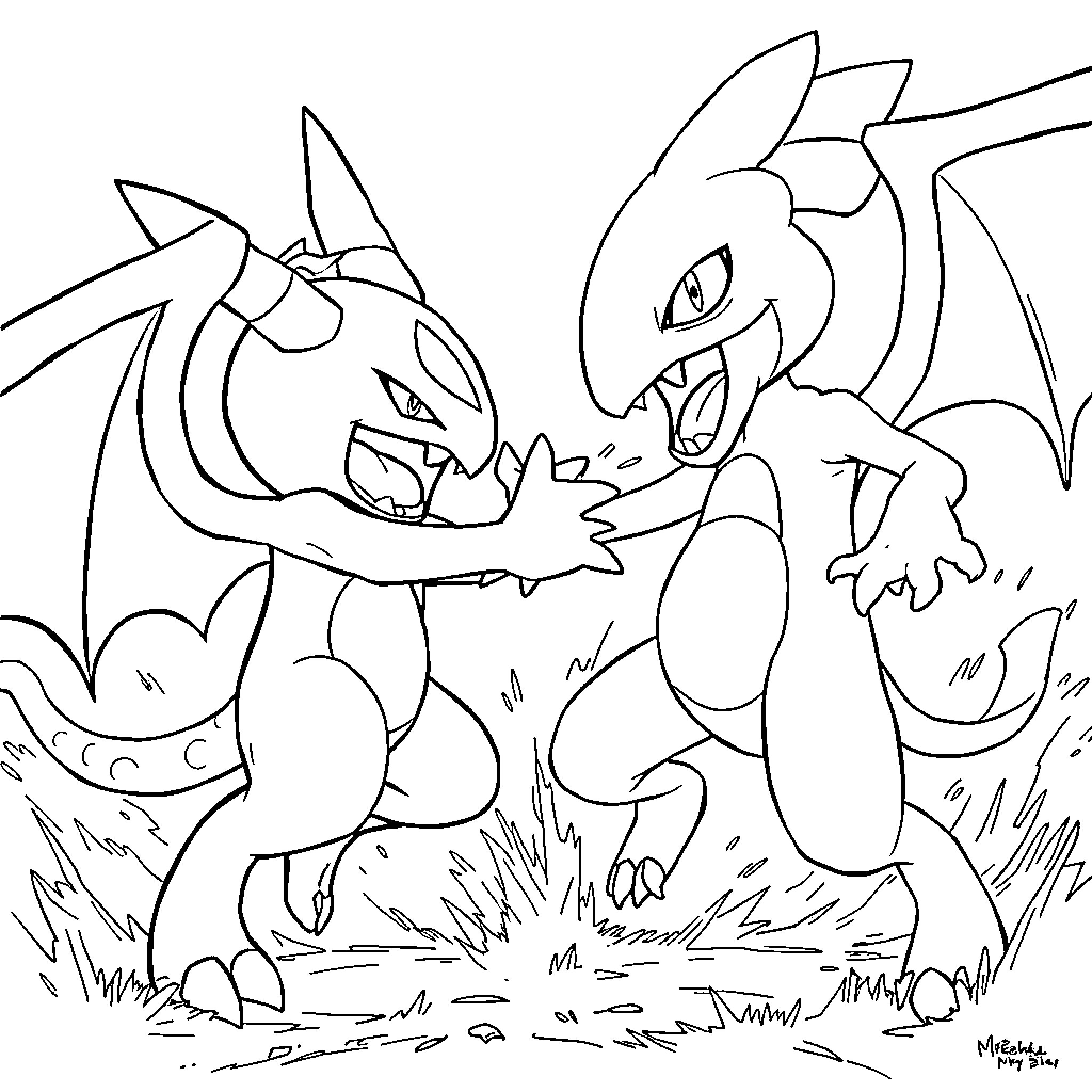 Hitmonchan Battling Fierce Pokémon in the Wild Coloring Page (free black-and-white line drawing printable PDF for all, from beginners to advanced learners, including children, teens, adults, and seniors)