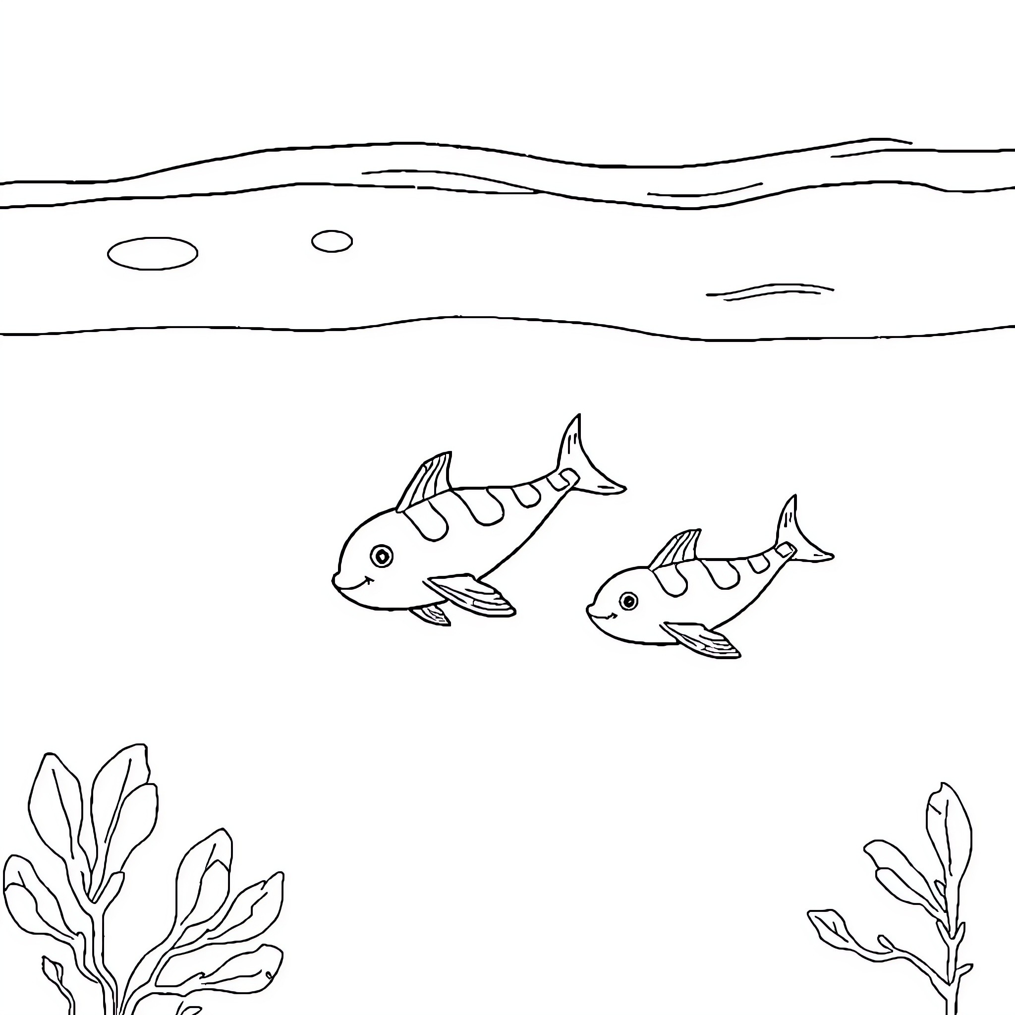 Animal Swimming in Underwater Seascape Coloring Page (free black-and-white line drawing printable PDF for all, from beginners to advanced learners, including children, teens, adults, and seniors)