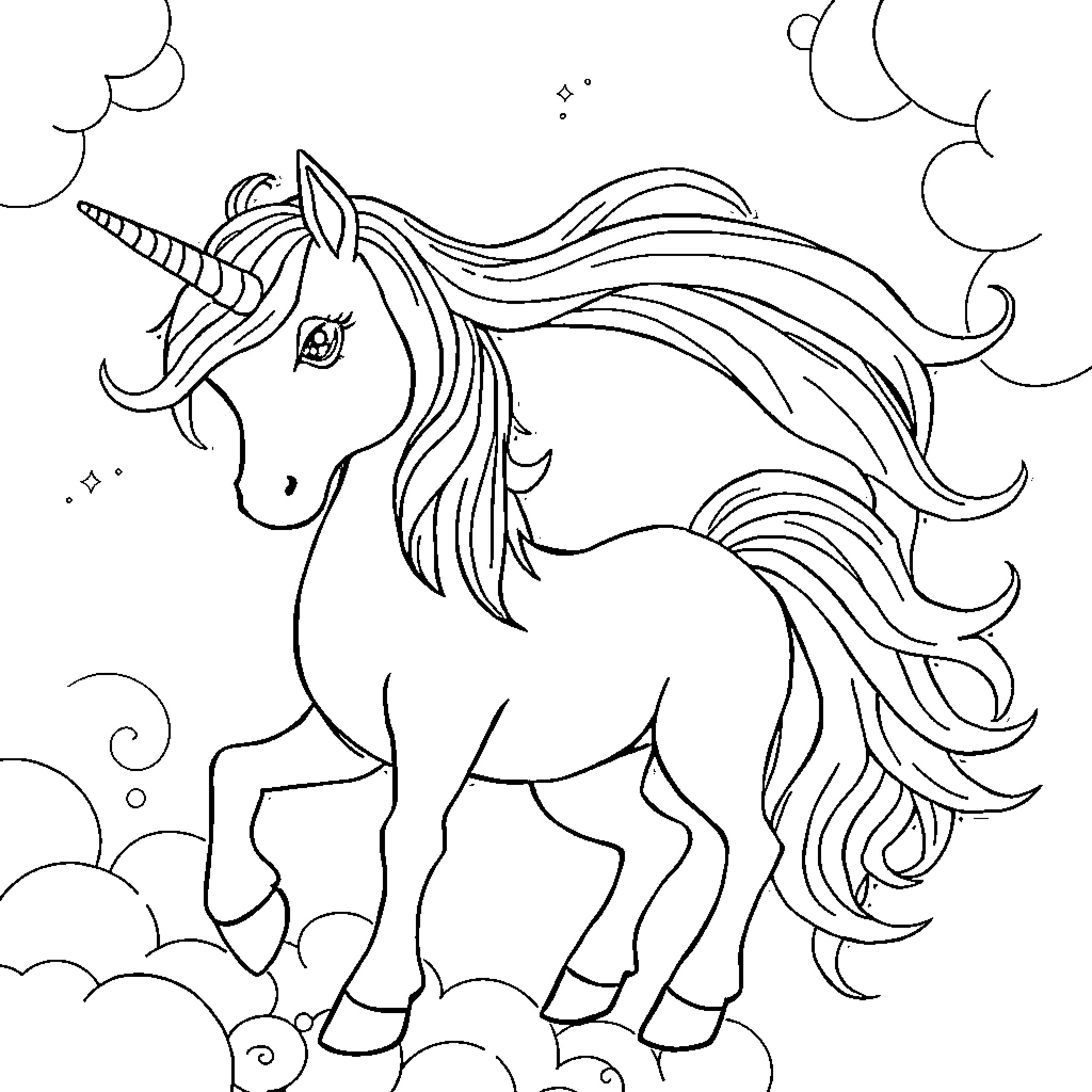 Unicorn prancing in a magical landscape Coloring Page (free black-and-white line drawing printable PDF for all, from beginners to advanced learners, including children, teens, adults, and seniors)