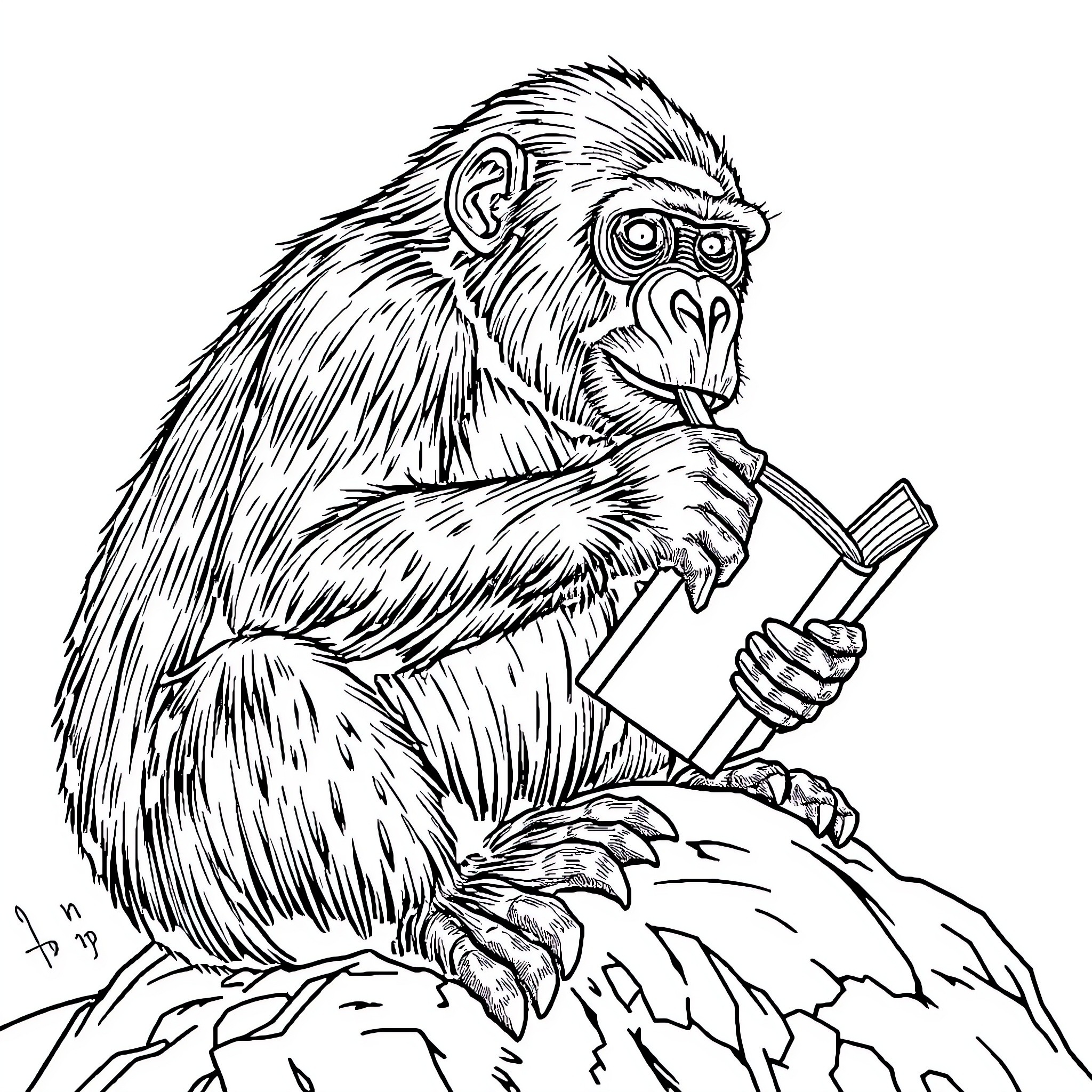 Gorilla intently reading a book on rock Coloring Page (free black-and-white line drawing printable PDF for all, from beginners to advanced learners, including children, teens, adults, and seniors)