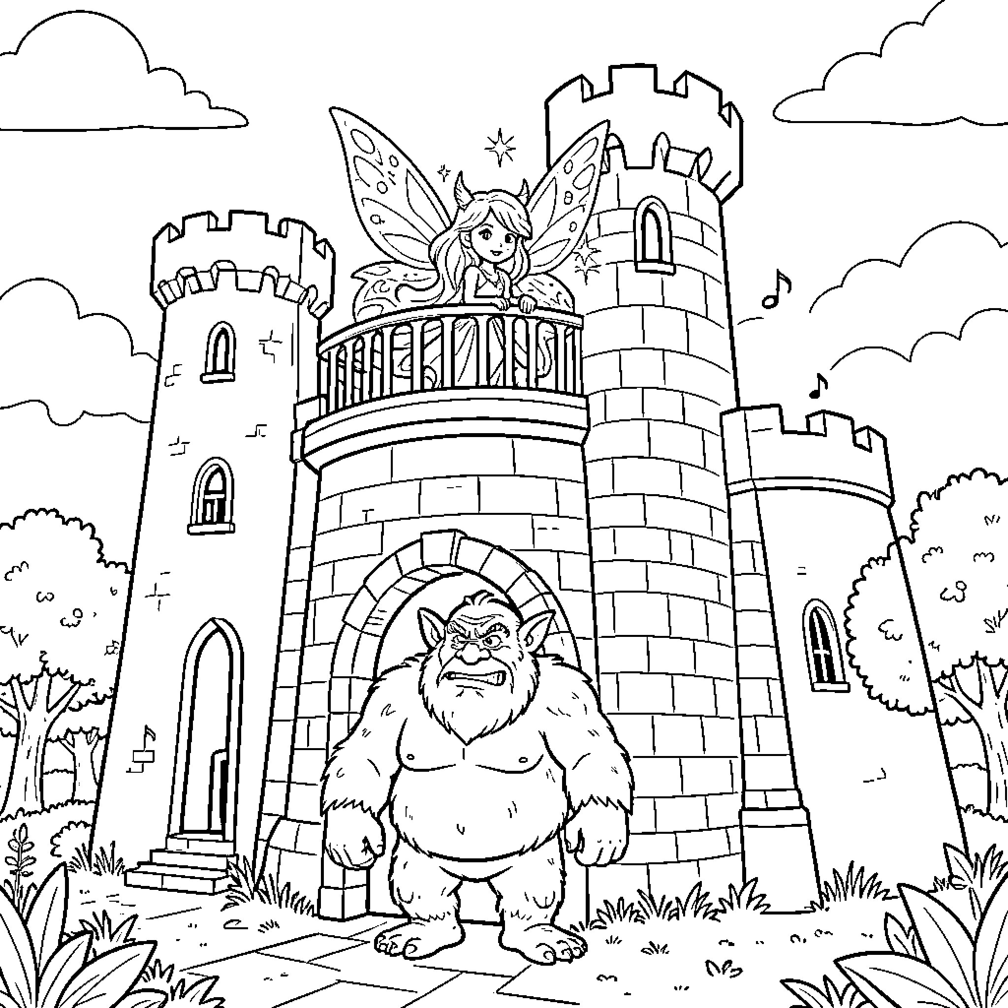 Castillo with Fairy and Beast in the Garden Coloring Page (free black-and-white line drawing printable PDF for all, from beginners to advanced learners, including children, teens, adults, and seniors)