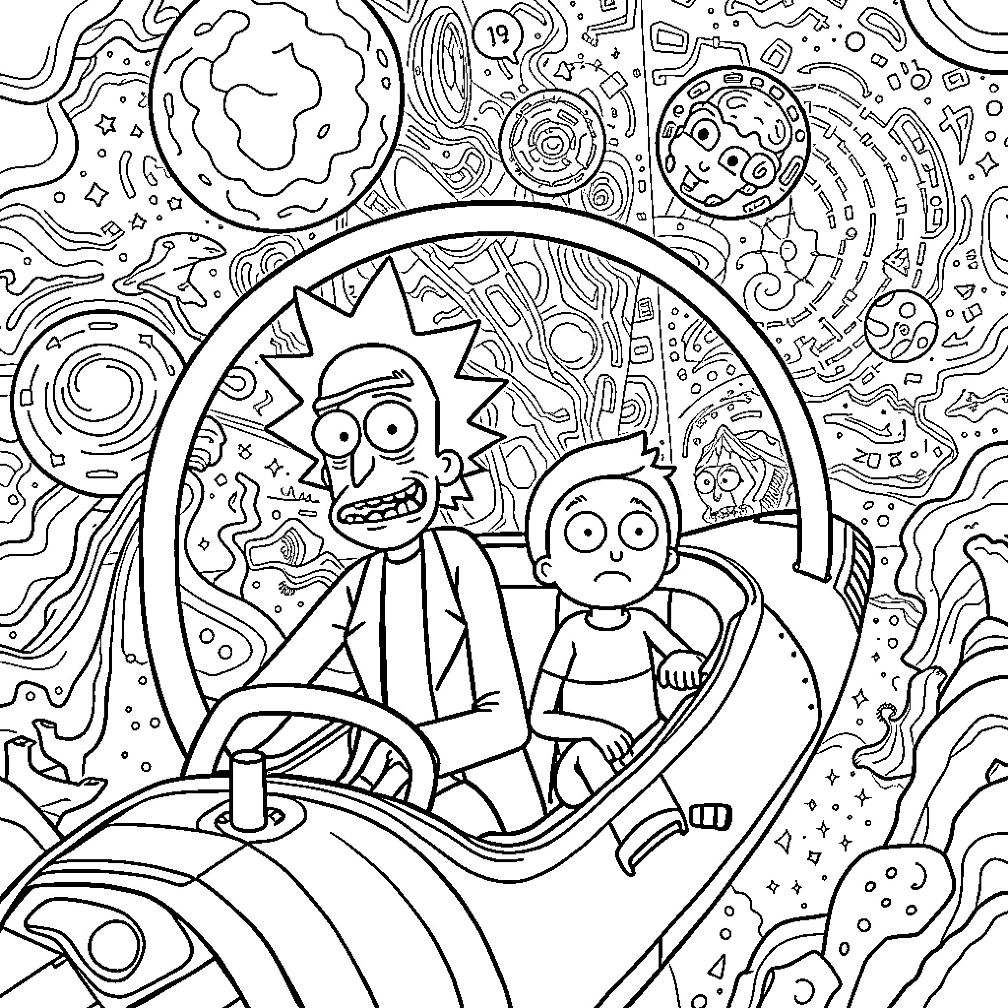 Rick And Morty's Quirky Cosmic Adventure Coloring Page (free black-and-white line drawing printable PDF for all, from beginners to advanced learners, including children, teens, adults, and seniors)