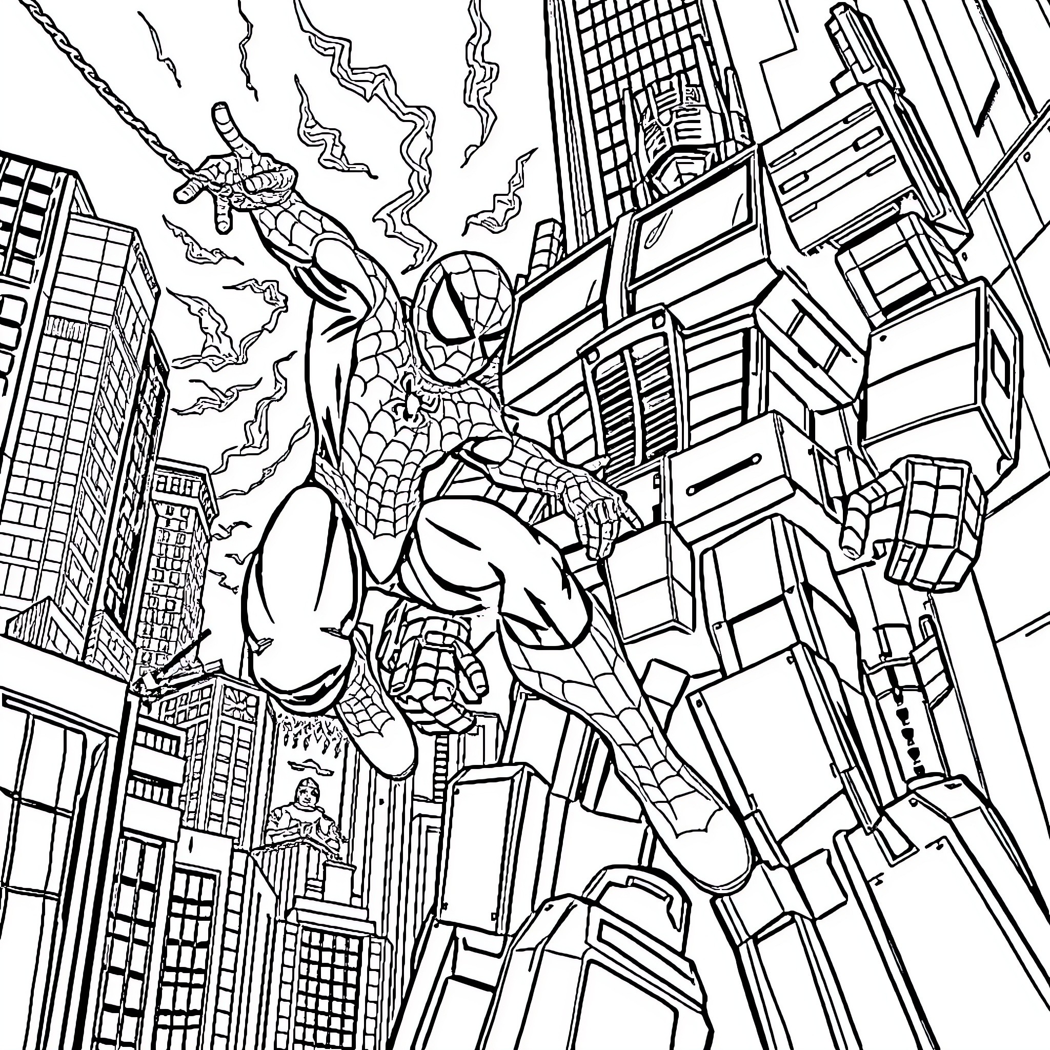 Spider-Man heroically swinging through the city skyline Coloring Page (free black-and-white line drawing printable PDF for all, from beginners to advanced learners, including children, teens, adults, and seniors)