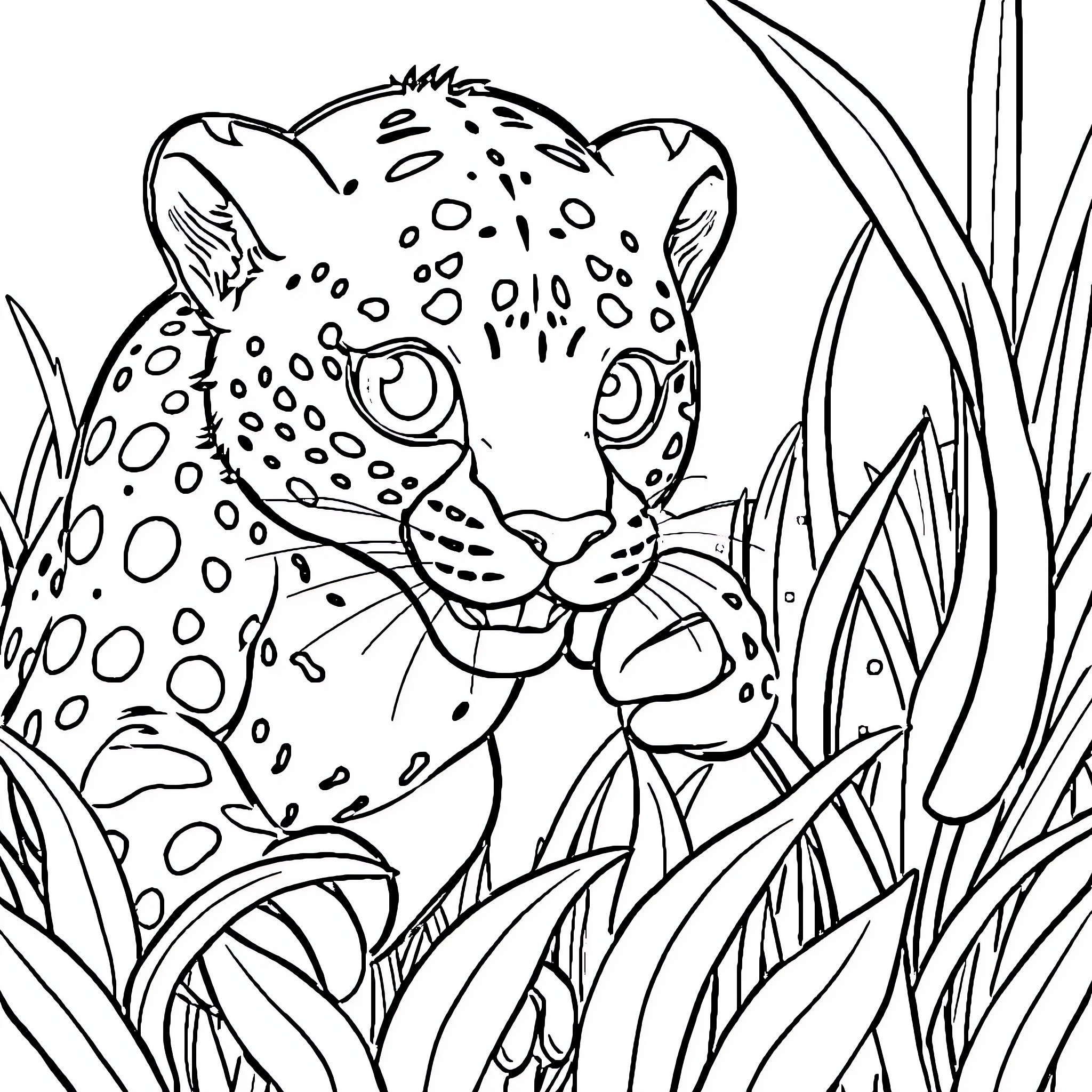 Cheetah prowling through the tall grass Coloring Page (free black-and-white line drawing printable PDF for all, from beginners to advanced learners, including children, teens, adults, and seniors)