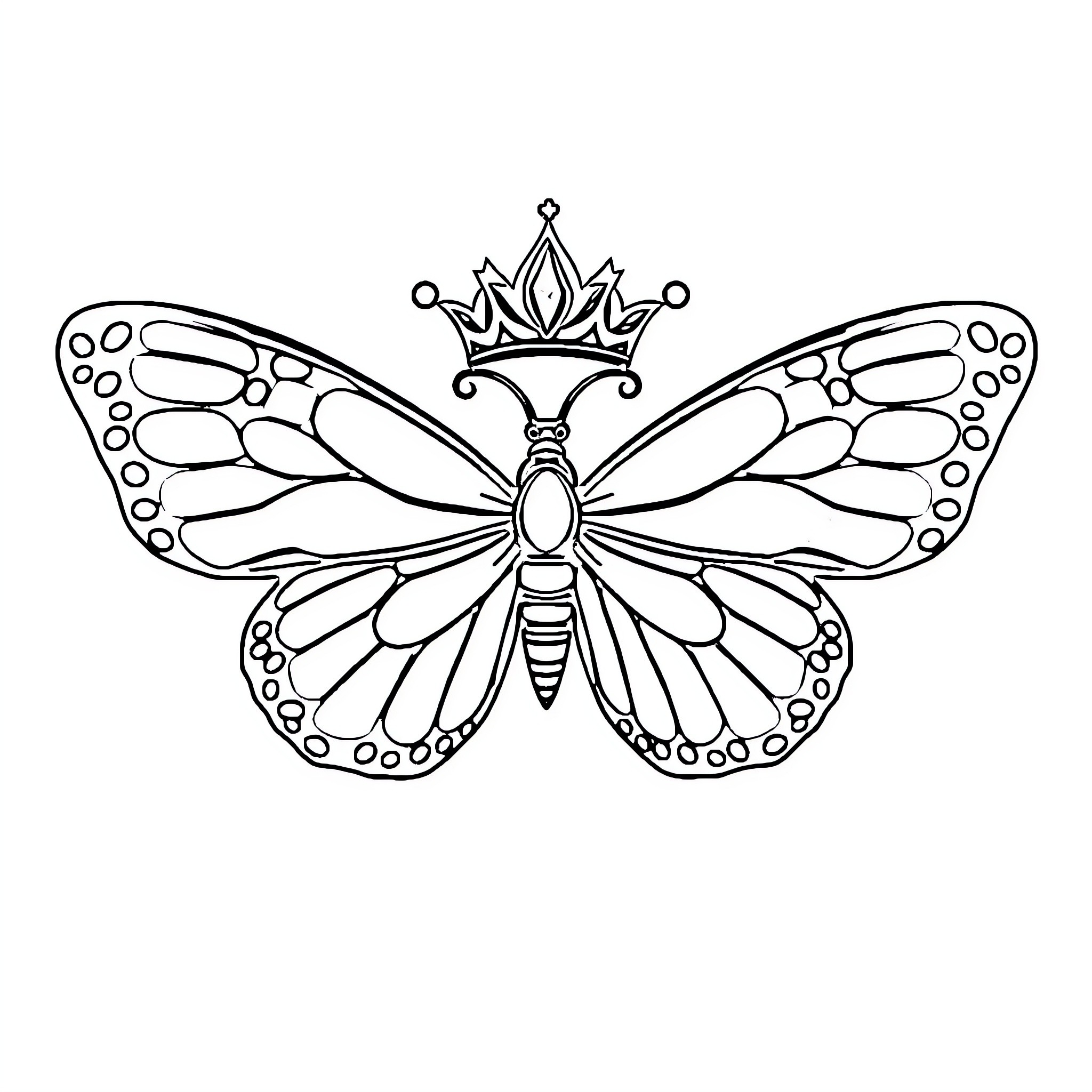 Butterfly Adorned with a Regal Crown Coloring Page (free black-and-white line drawing printable PDF for all, from beginners to advanced learners, including children, teens, adults, and seniors)