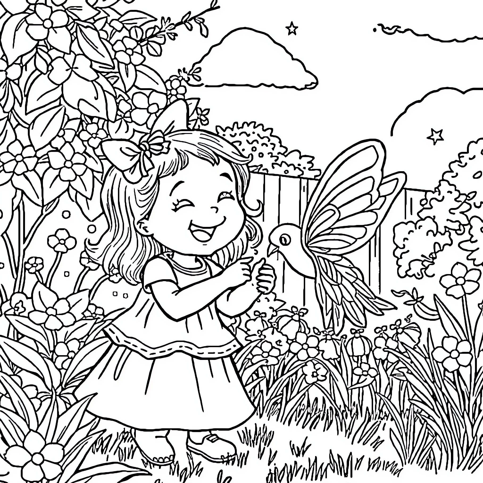 Cat playing with a fairy in a fantasy garden Coloring Page (free black-and-white line drawing printable PDF for all, from beginners to advanced learners, including children, teens, adults, and seniors)