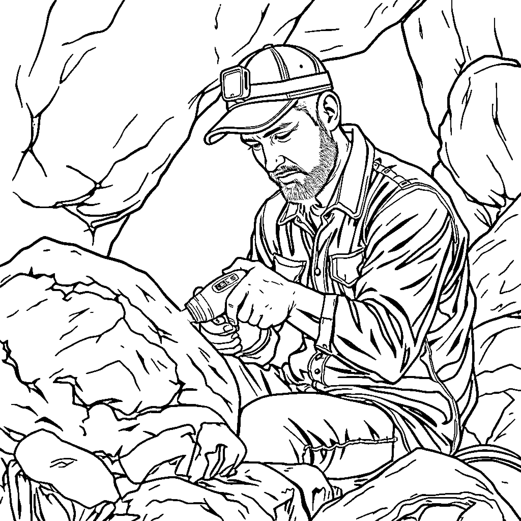Man exploring rugged outdoor terrain Coloring Page (free black-and-white line drawing printable PDF for all, from beginners to advanced learners, including children, teens, adults, and seniors)