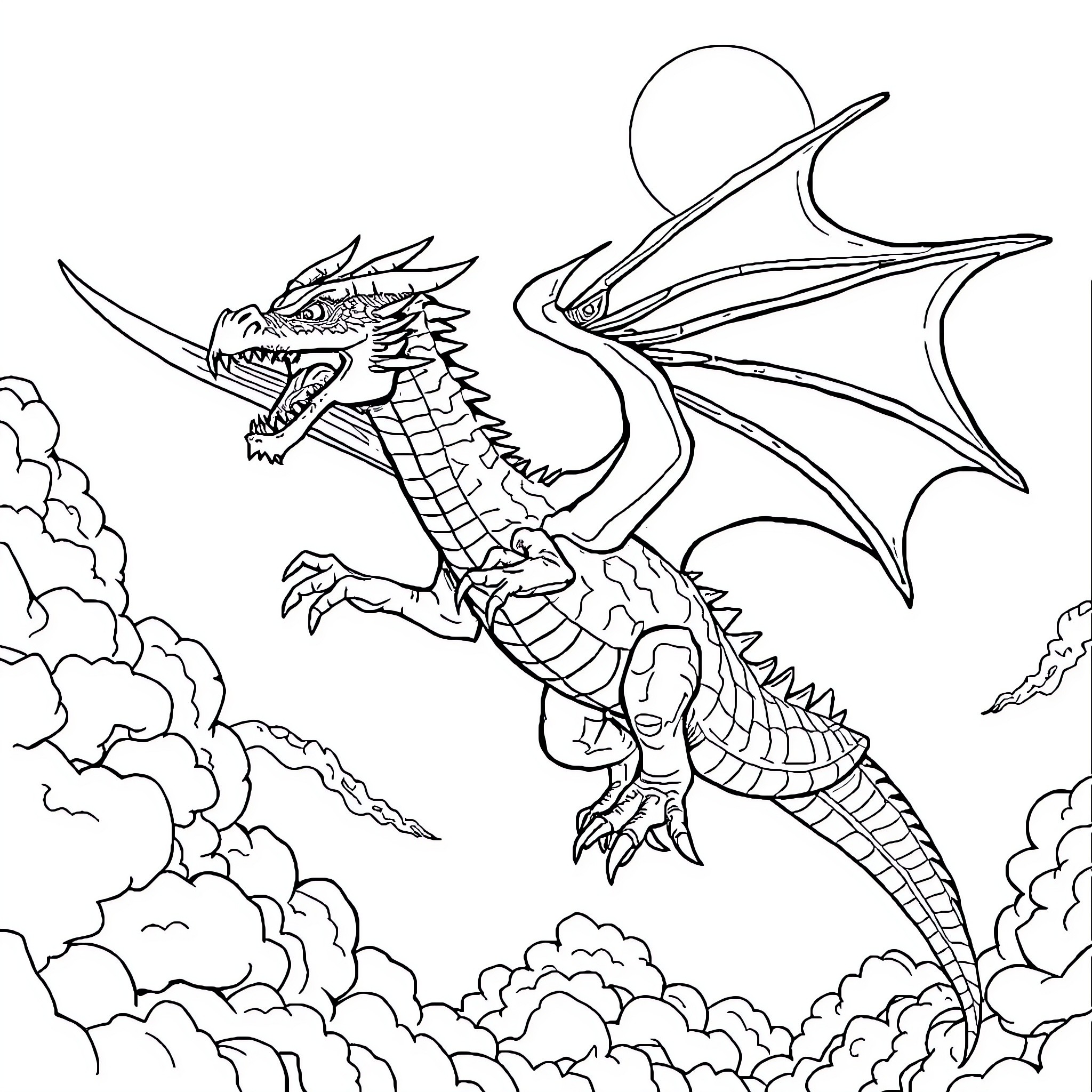 Dragon soaring through the cloudy skies Coloring Page (free black-and-white line drawing printable PDF for all, from beginners to advanced learners, including children, teens, adults, and seniors)