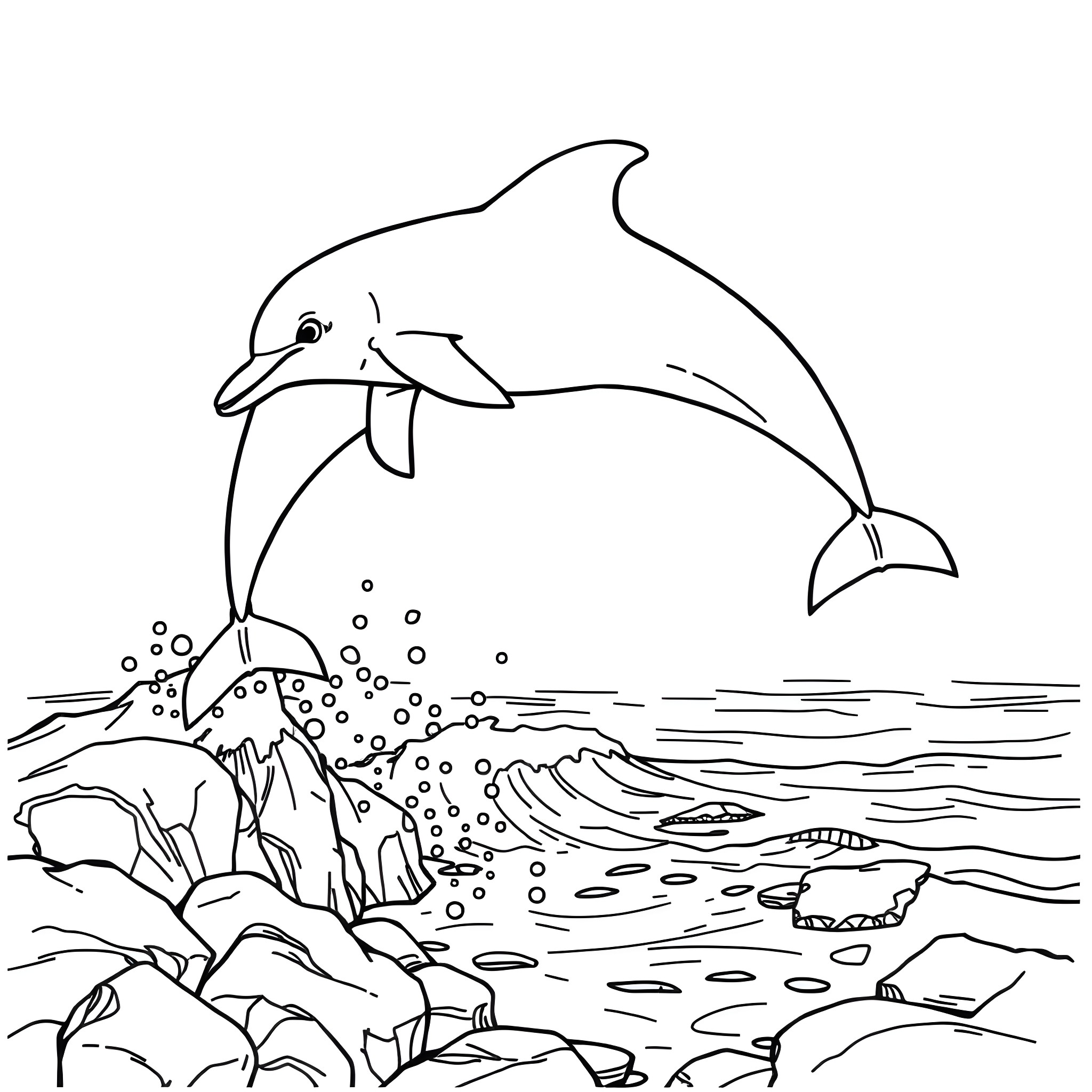 Dolphin jumping out of the ocean near rocks Coloring Page (free black-and-white line drawing printable PDF for all, from beginners to advanced learners, including children, teens, adults, and seniors)