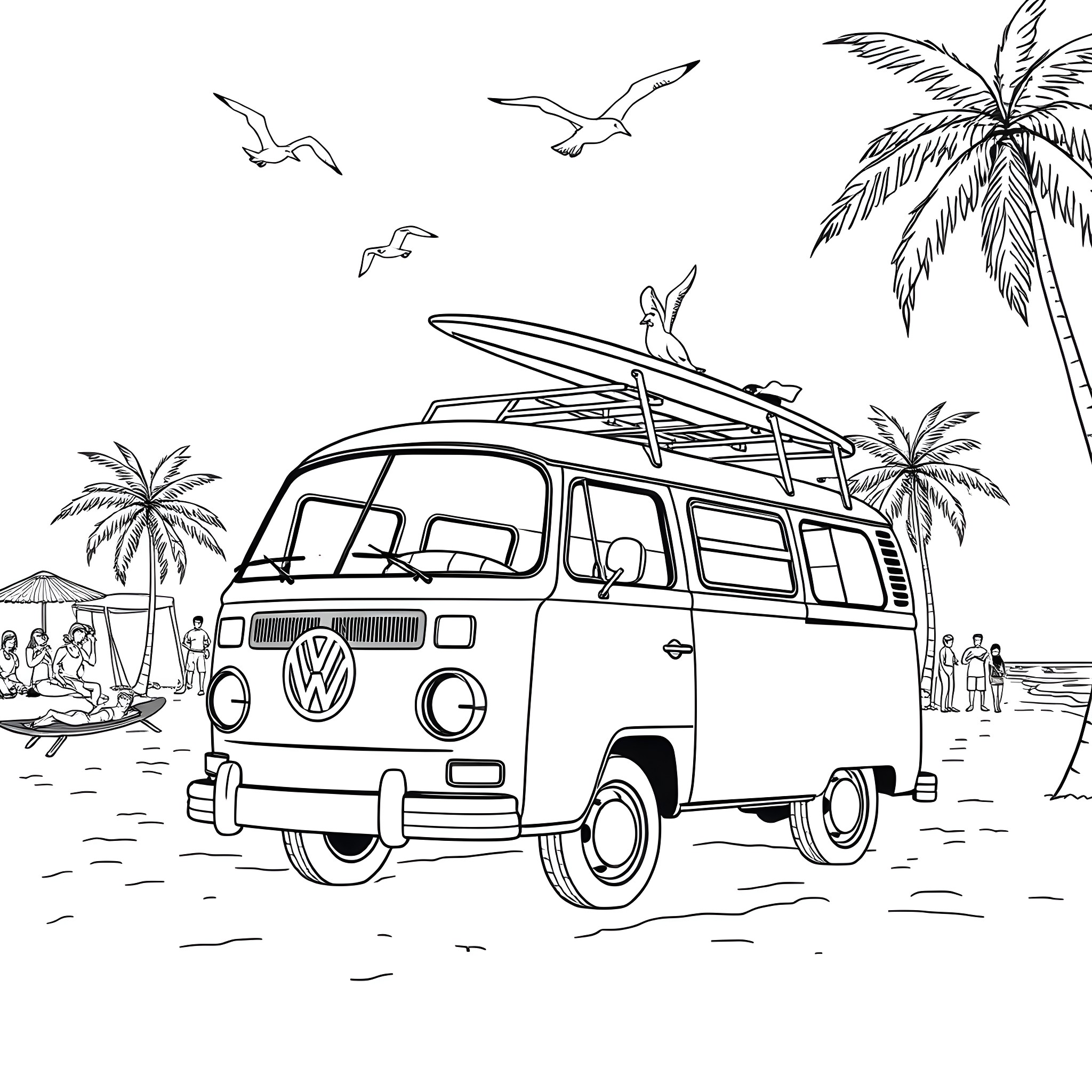 Volkswagen Bus on the Beach with Surfers Coloring Page (free black-and-white line drawing printable PDF for all, from beginners to advanced learners, including children, teens, adults, and seniors)