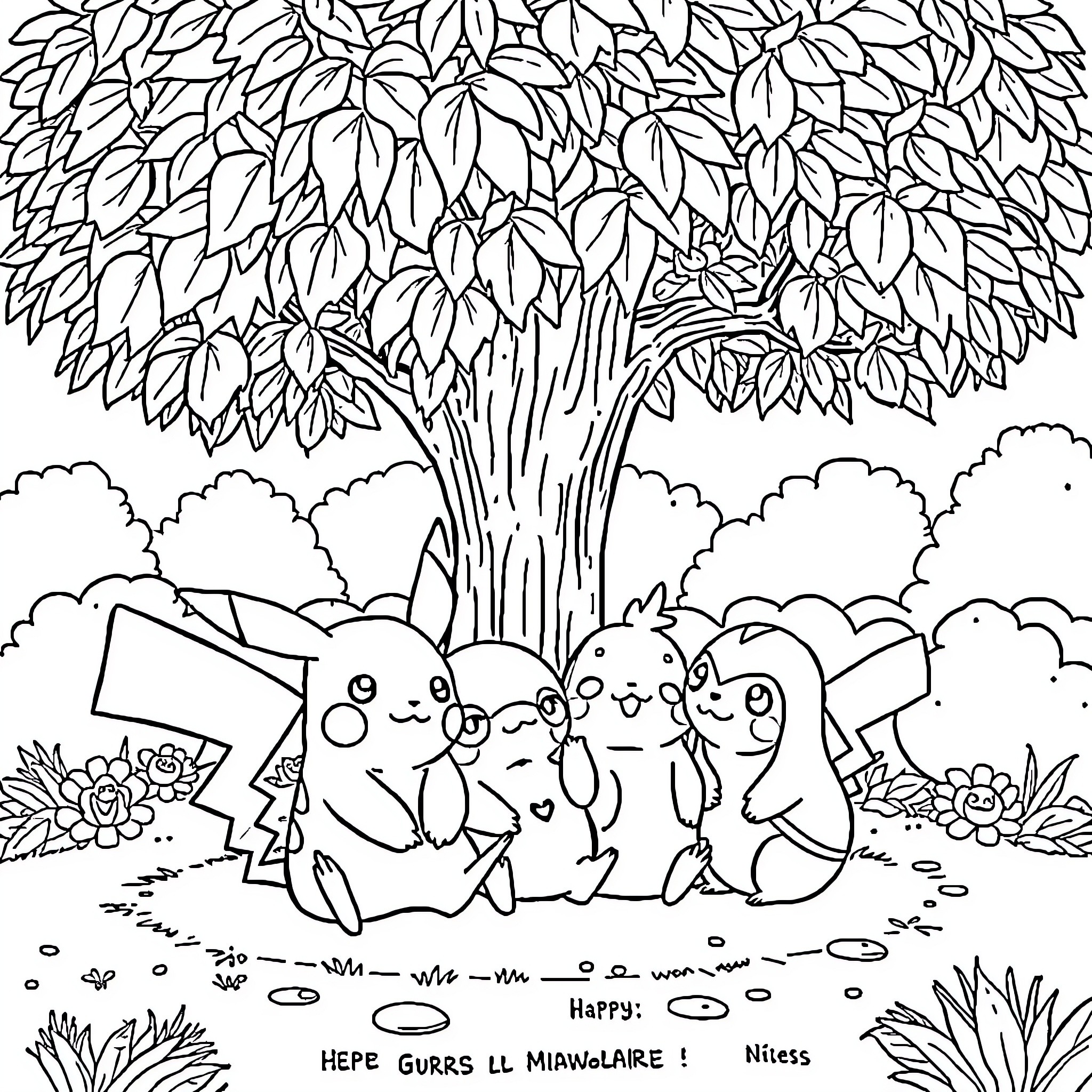 Pokémon characters exploring a nature scene Coloring Page (free black-and-white line drawing printable PDF for all, from beginners to advanced learners, including children, teens, adults, and seniors)