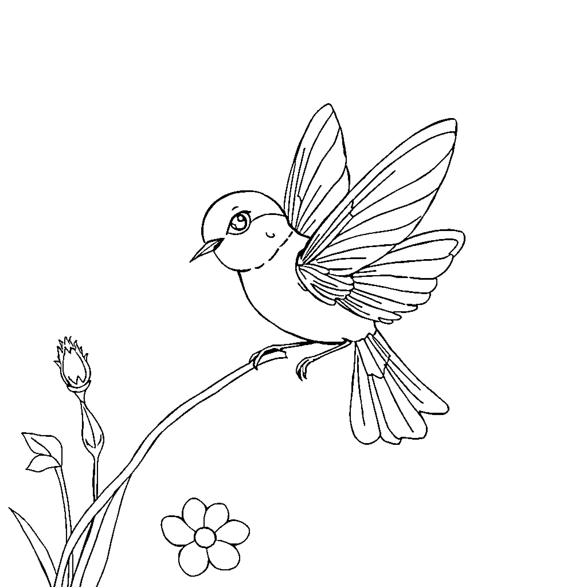 Ladybug's Joyful Dance with Flowers Coloring Page (free black-and-white line drawing printable PDF for all, from beginners to advanced learners, including children, teens, adults, and seniors)