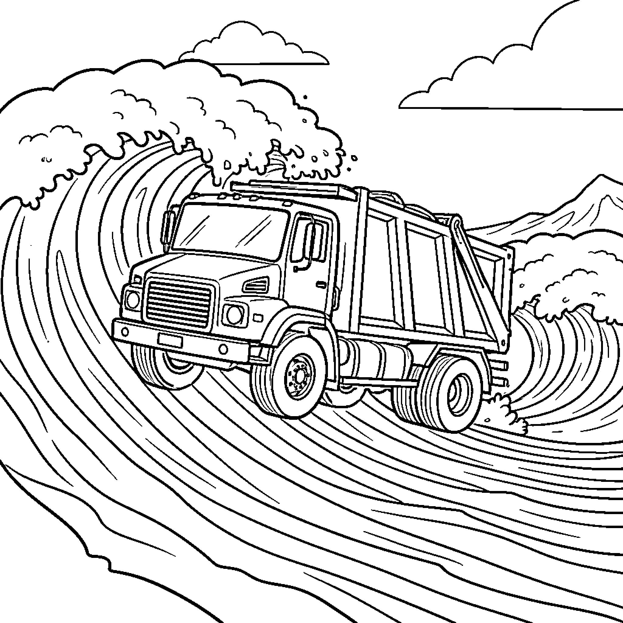 Trash Truck Navigating Hazardous Terrain Coloring Page (free black-and-white line drawing printable PDF for all, from beginners to advanced learners, including children, teens, adults, and seniors)