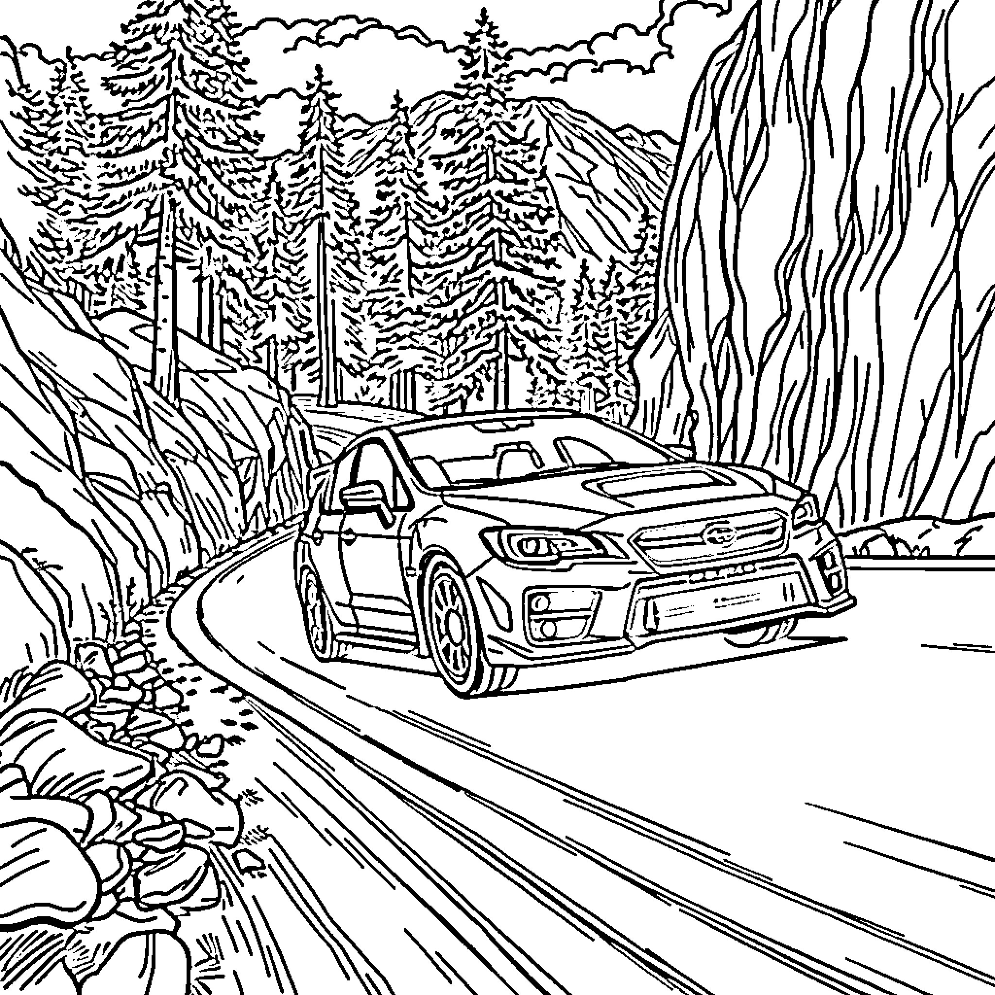 Subaru speeding through winding mountain road Coloring Page (free black-and-white line drawing printable PDF for all, from beginners to advanced learners, including children, teens, adults, and seniors)