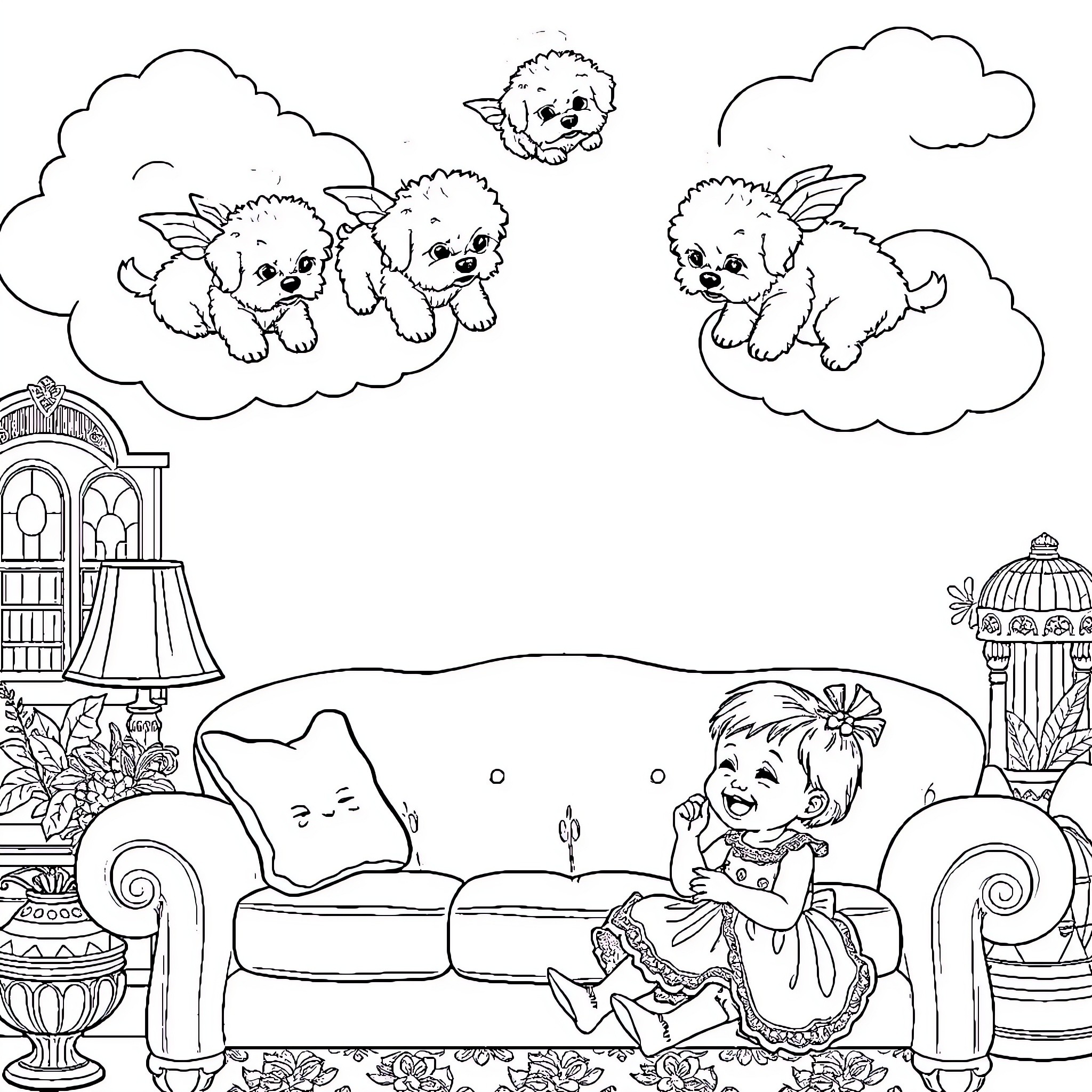 Bichon Frise puppies playing in the clouds above a cozy living room Coloring Page (free black-and-white line drawing printable PDF for all, from beginners to advanced learners, including children, teens, adults, and seniors)