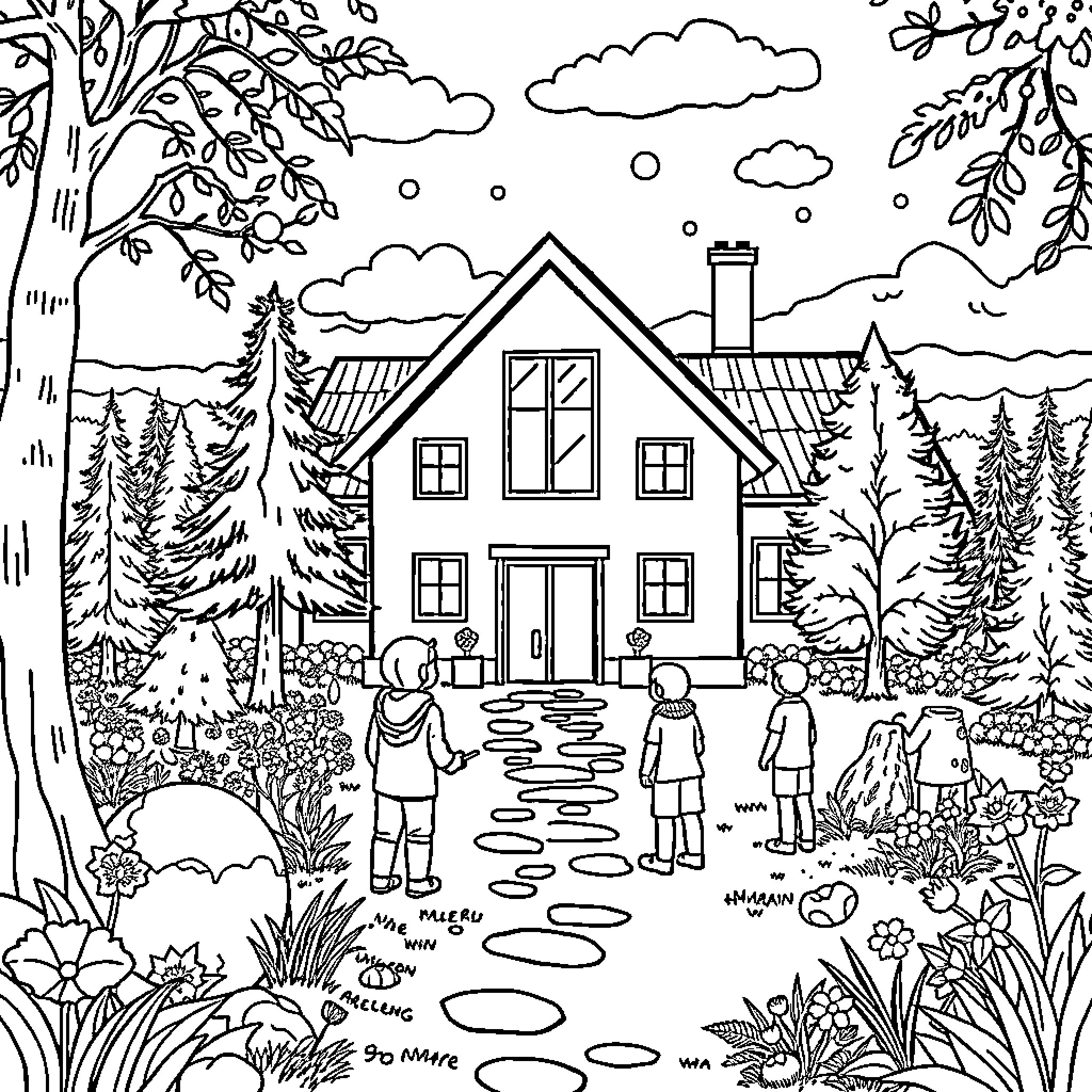 Mahnalan ympäriarökoulu - Children exploring the countryside Coloring Page (free black-and-white line drawing printable PDF for all, from beginners to advanced learners, including children, teens, adults, and seniors)